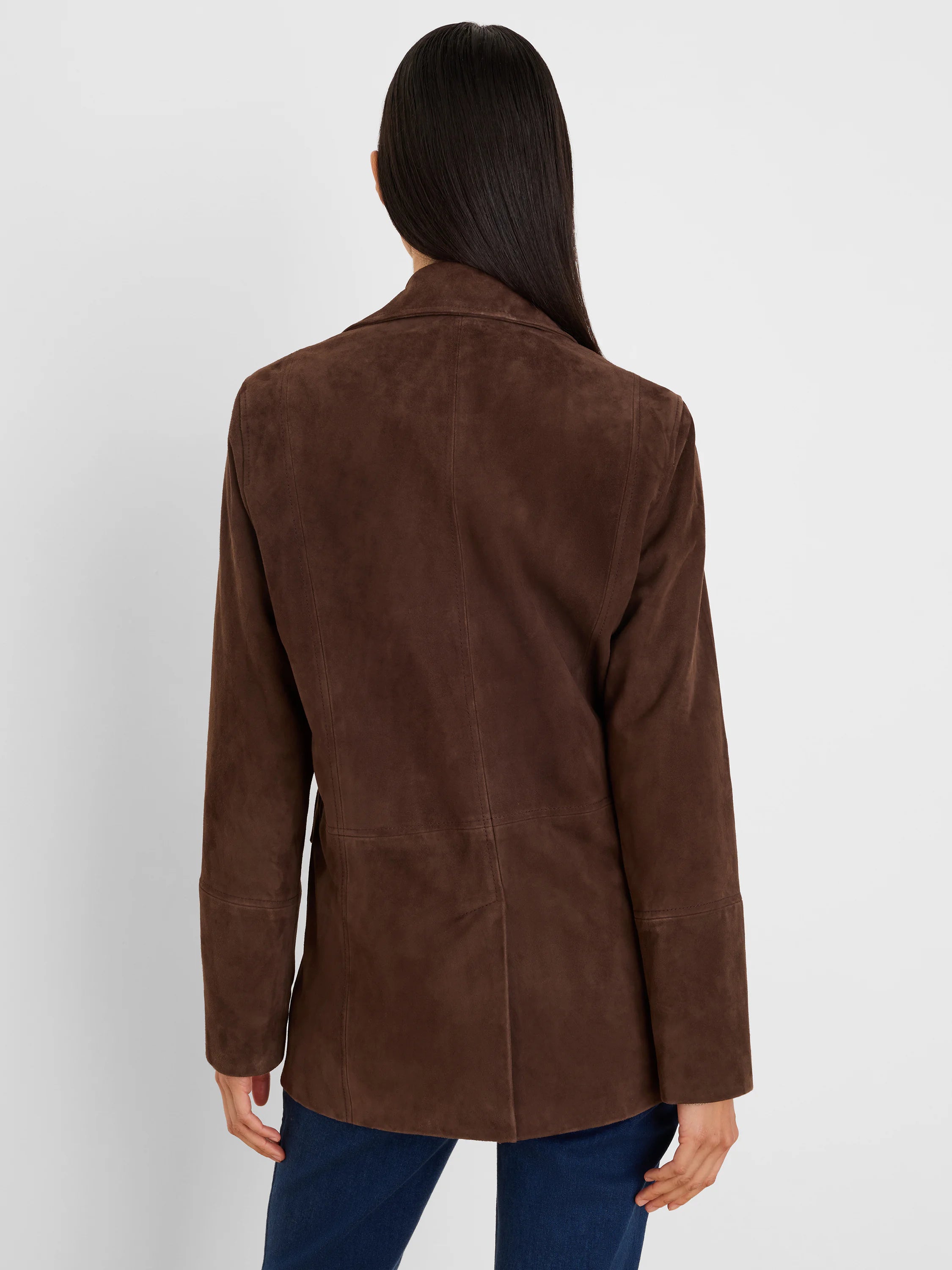 Dark brown suede coat, seen from the back, with vertical seam details.