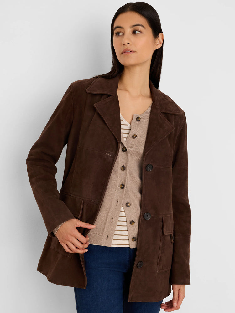 Dark brown suede coat with lapel collar, button front, and two lower flap pockets.