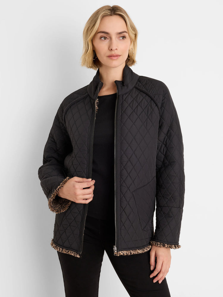 Black quilted jacket with diamond pattern, stand-up collar, and mixed brown/beige fringe at cuffs and hem.