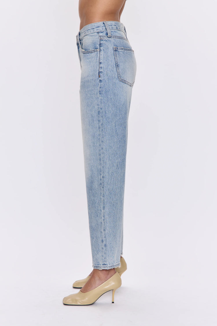 Light blue faded denim mid-rise straight jeans. Side view shows relaxed leg fit, classic pockets, and light wash texture.