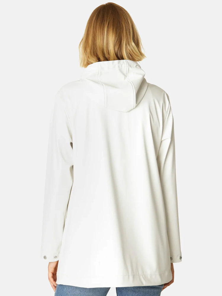 Cream hooded raincoat, viewed from the back. Features a smooth finish and snap-adjustable cuffs.