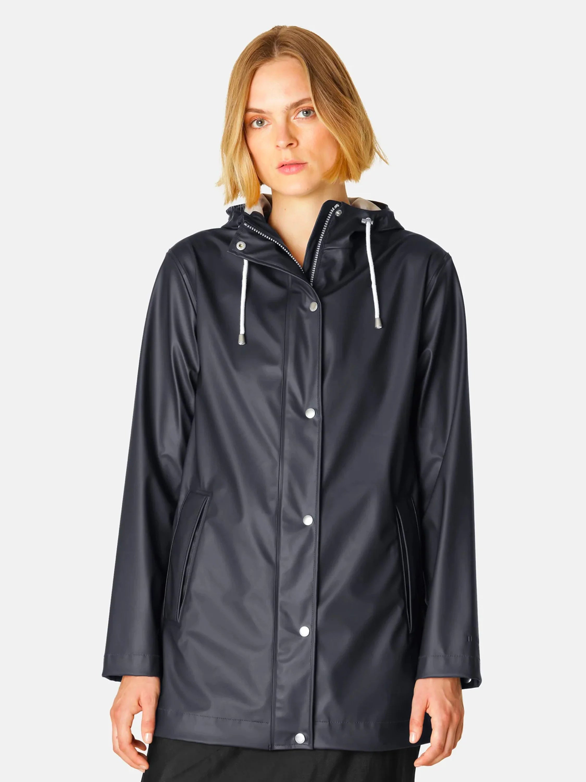 Dark grey, smooth hooded raincoat with white drawstrings, silver zipper, and snap buttons.