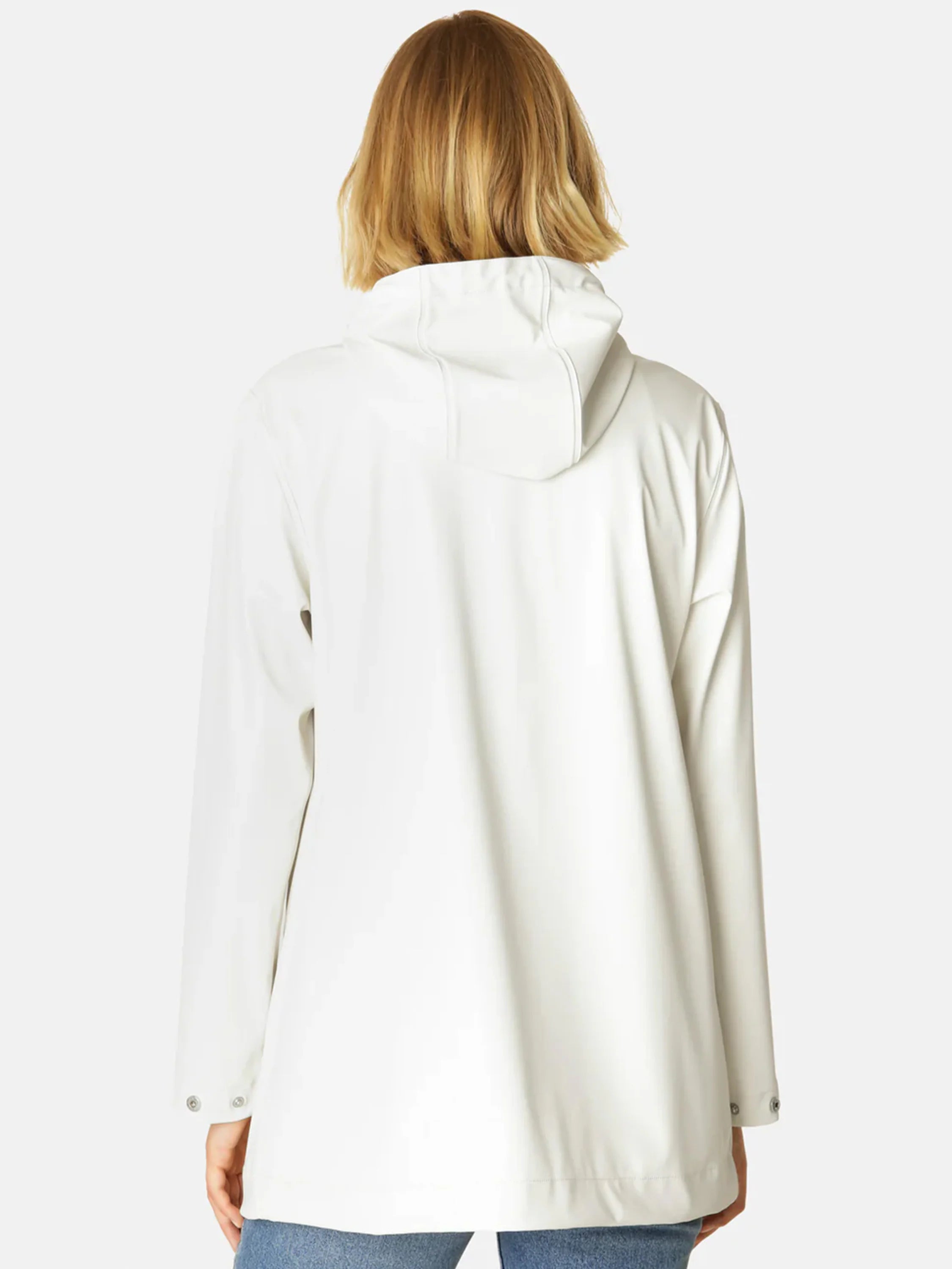 Off-white raincoat, hooded, long sleeves, silver buttons at cuffs. Rear view.