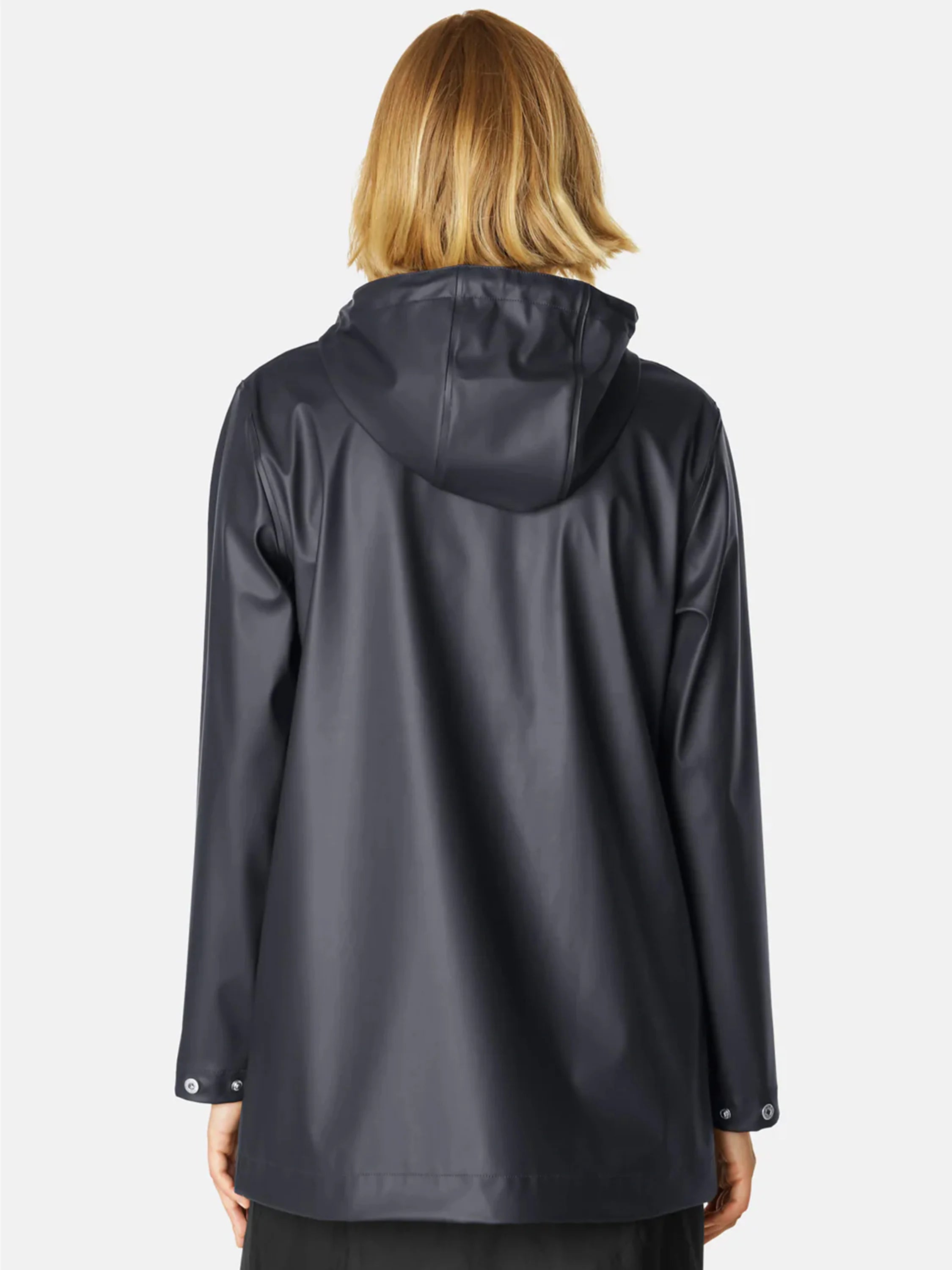 Here's alt text that meets the criteria:
Dark navy hooded raincoat, shown from the back. Features long sleeves and...