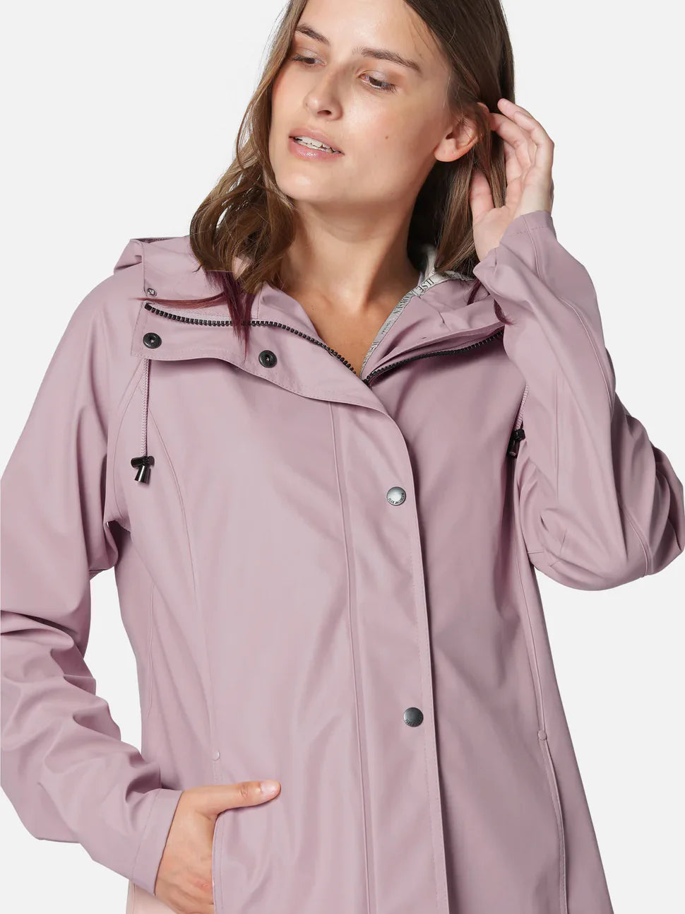 Mauve hooded raincoat with black zipper, silver snaps, and drawstrings. Features deep side pockets.