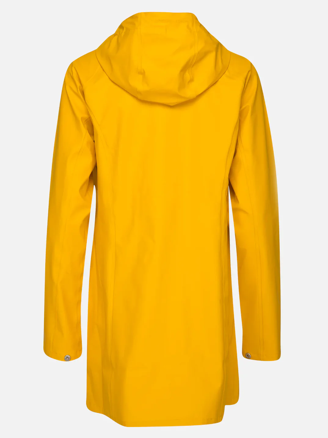 Yellow hooded raincoat, back view. Long sleeves with snap cuffs, knee-length.