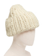 Cream chunky knit beanie hat on a mannequin. Thick, visibly textured roving stitches.