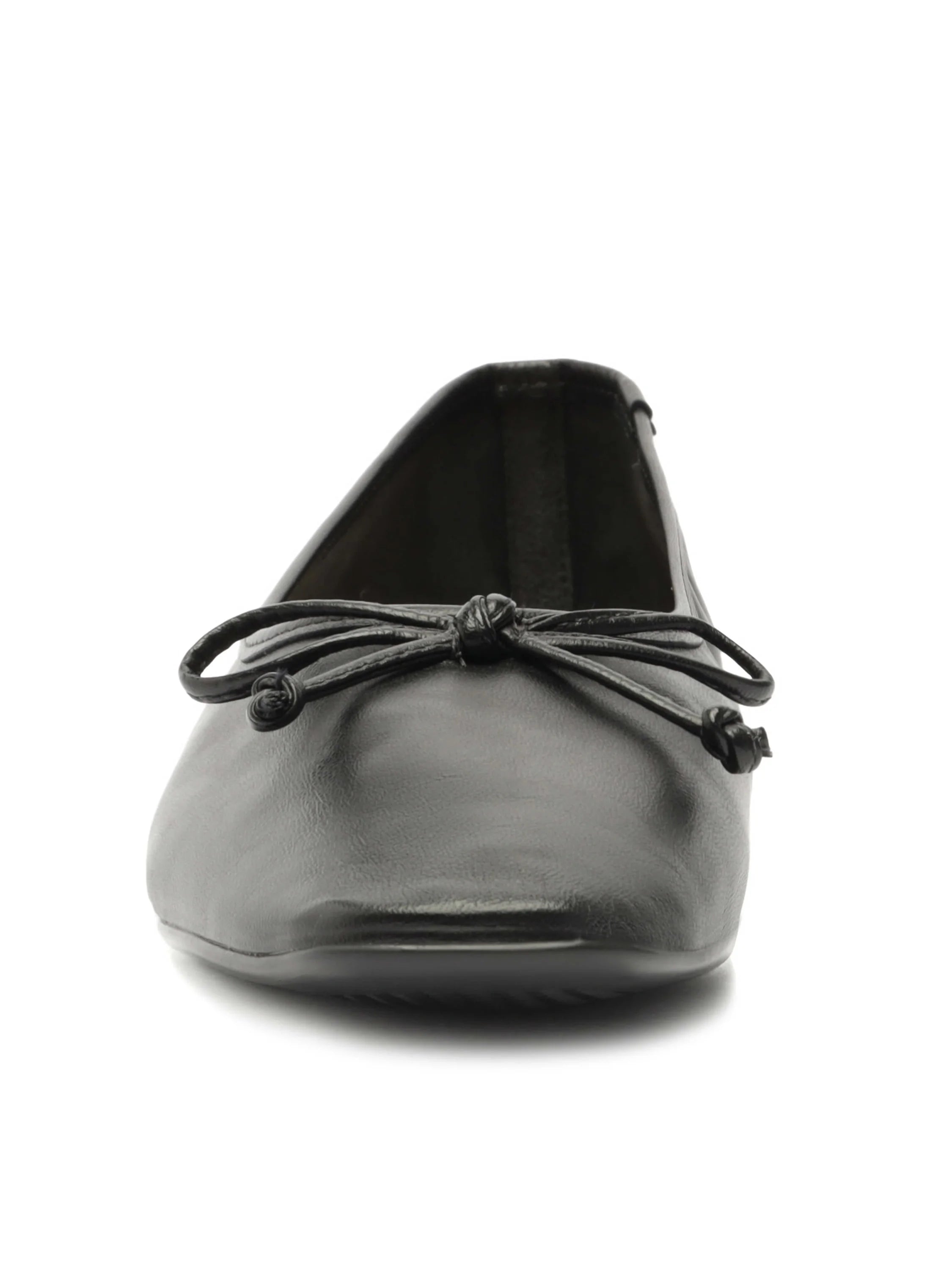 Black square-toe flat shoe with a matching bow on the front.