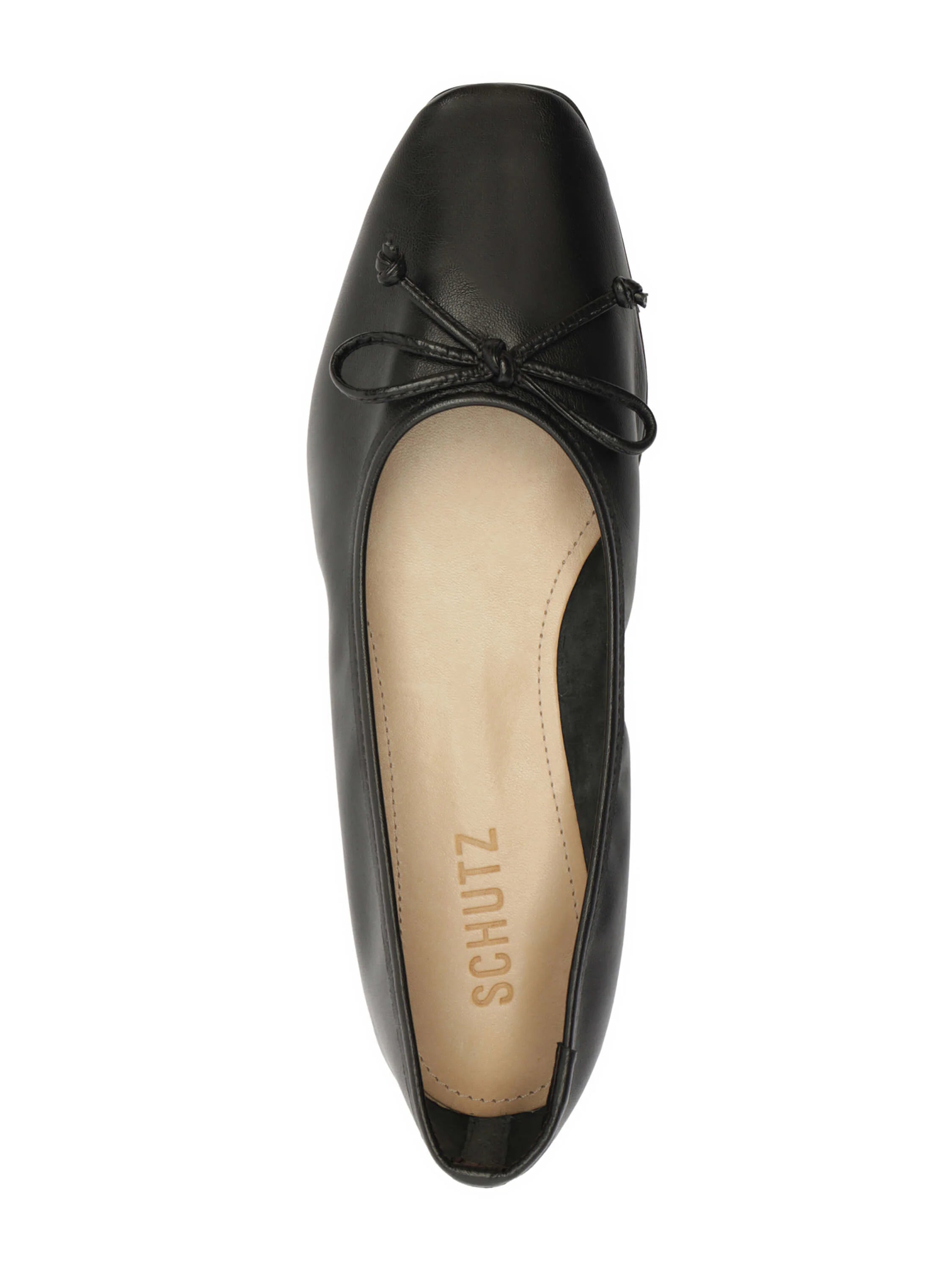 Black Schutz Arissa flat shoe with a square toe, small bow, and tan interior sole, viewed from above.