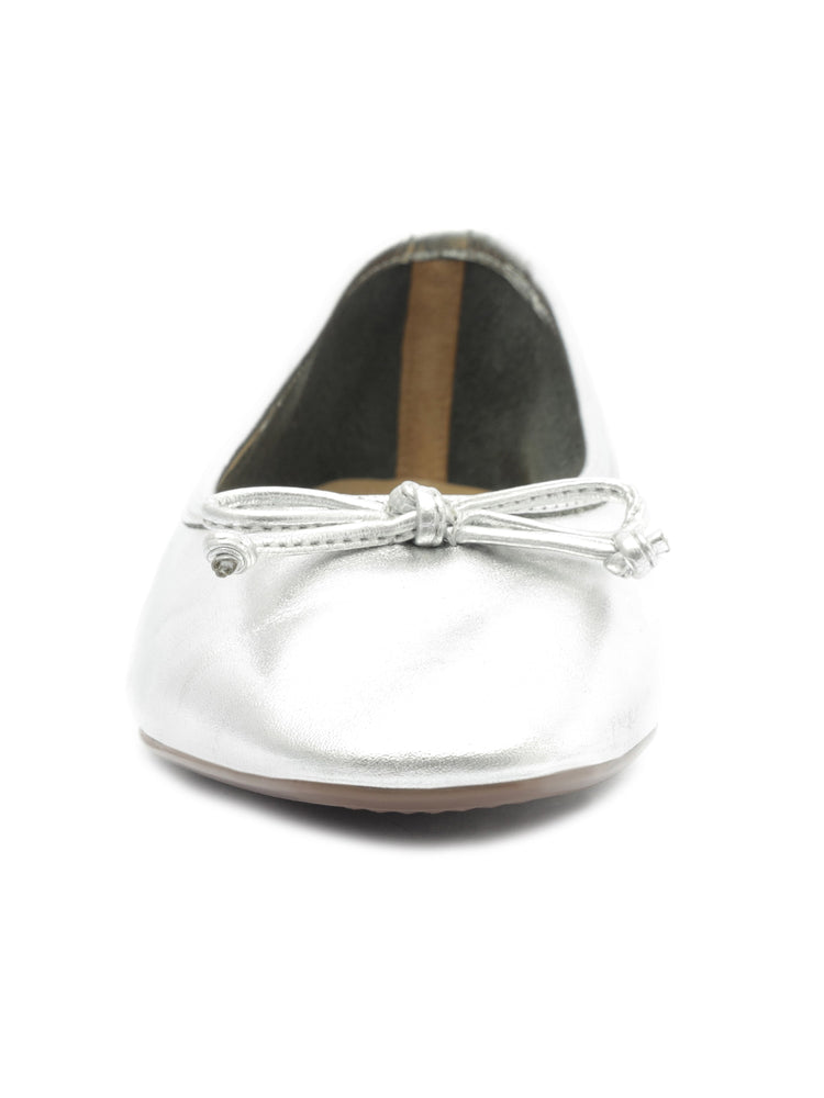 A shiny silver ballet flat featuring a rounded toe and a delicate front bow.