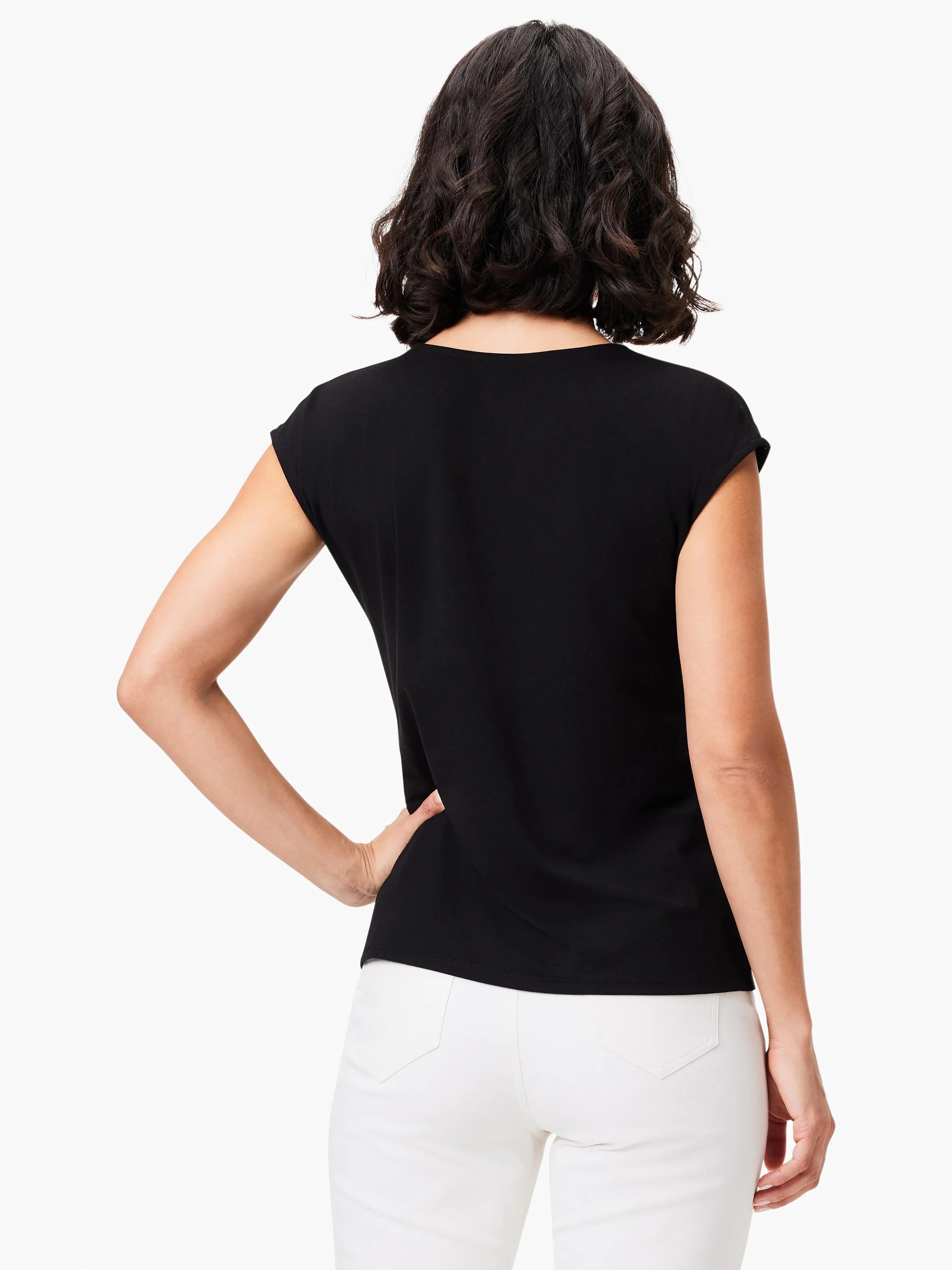 Black short-sleeved jersey top, v-neck. Back view.