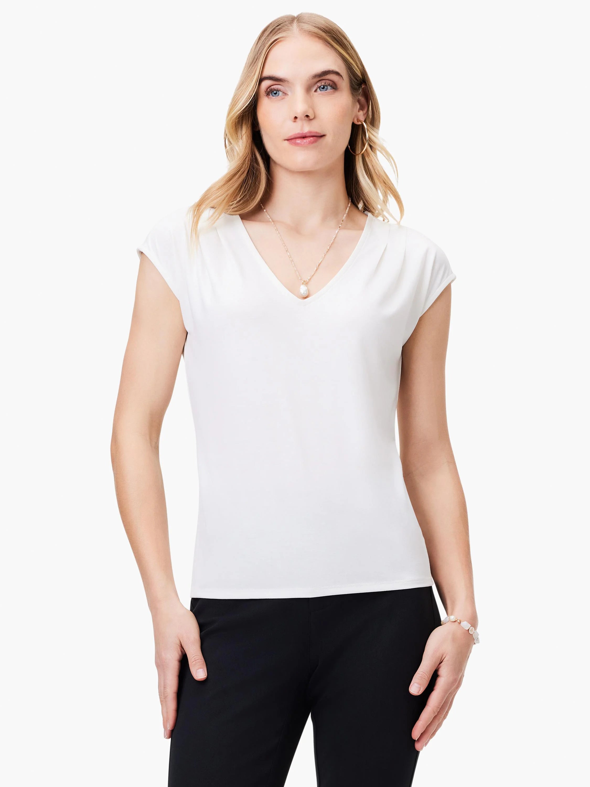 Off-white v-neck short-sleeve top.