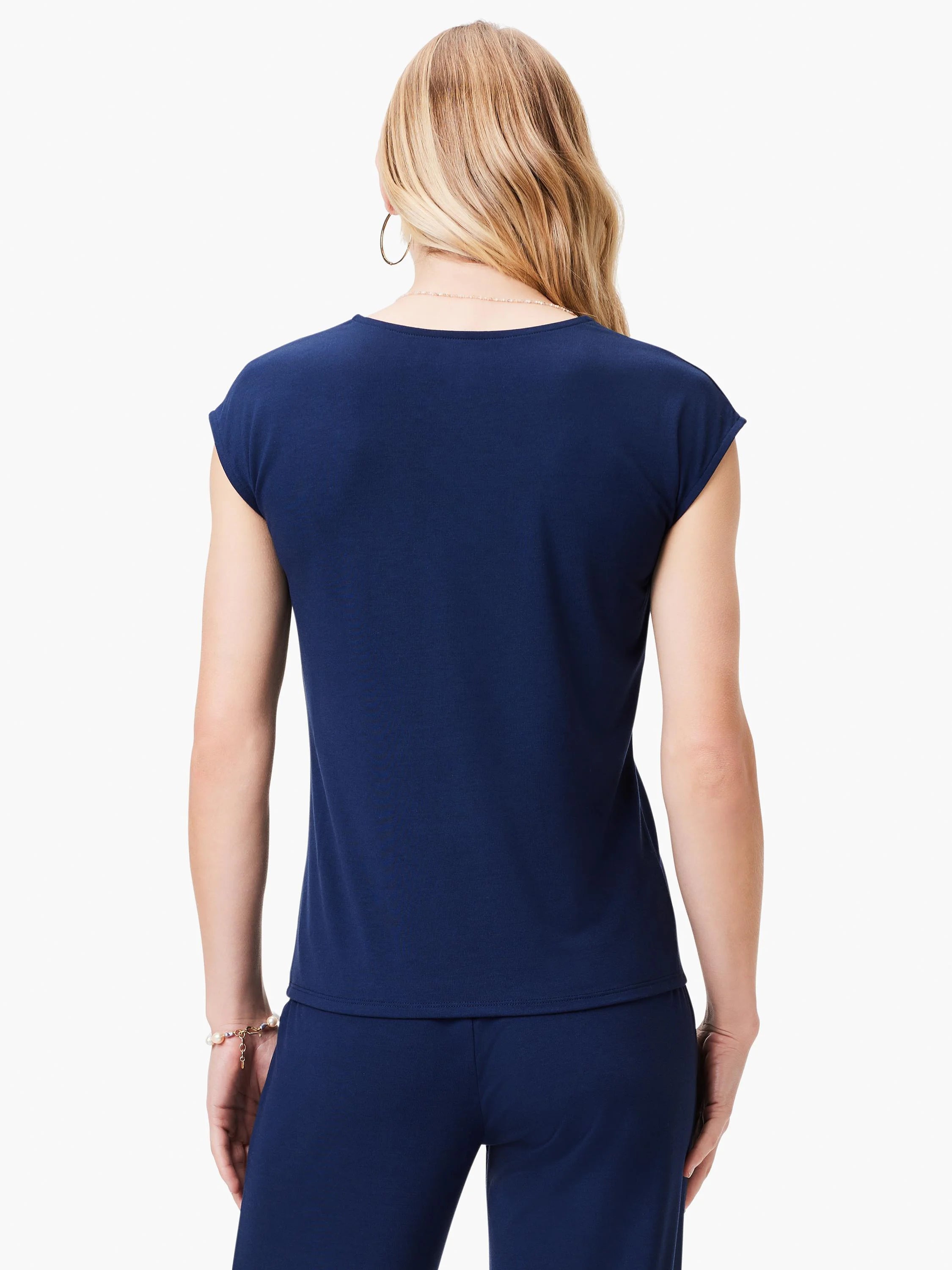 Navy blue short-sleeved top and pants. Cap sleeves, v-neck.