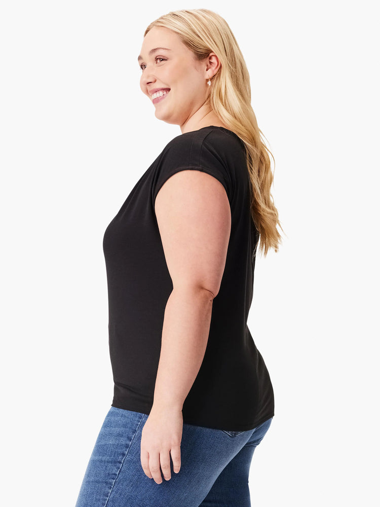Black short-sleeve jersey top, shown on model. V-neck.