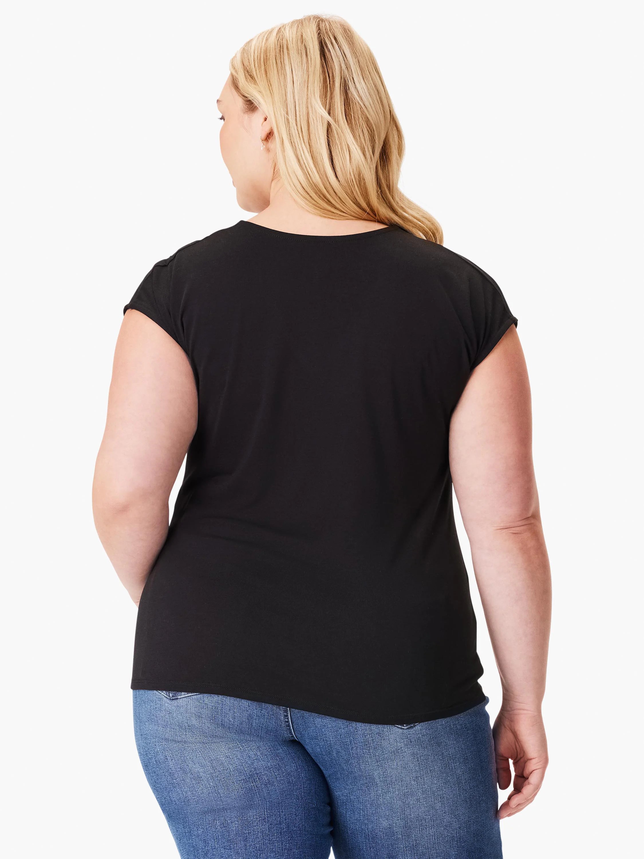 Black short-sleeved jersey top, v-neck.