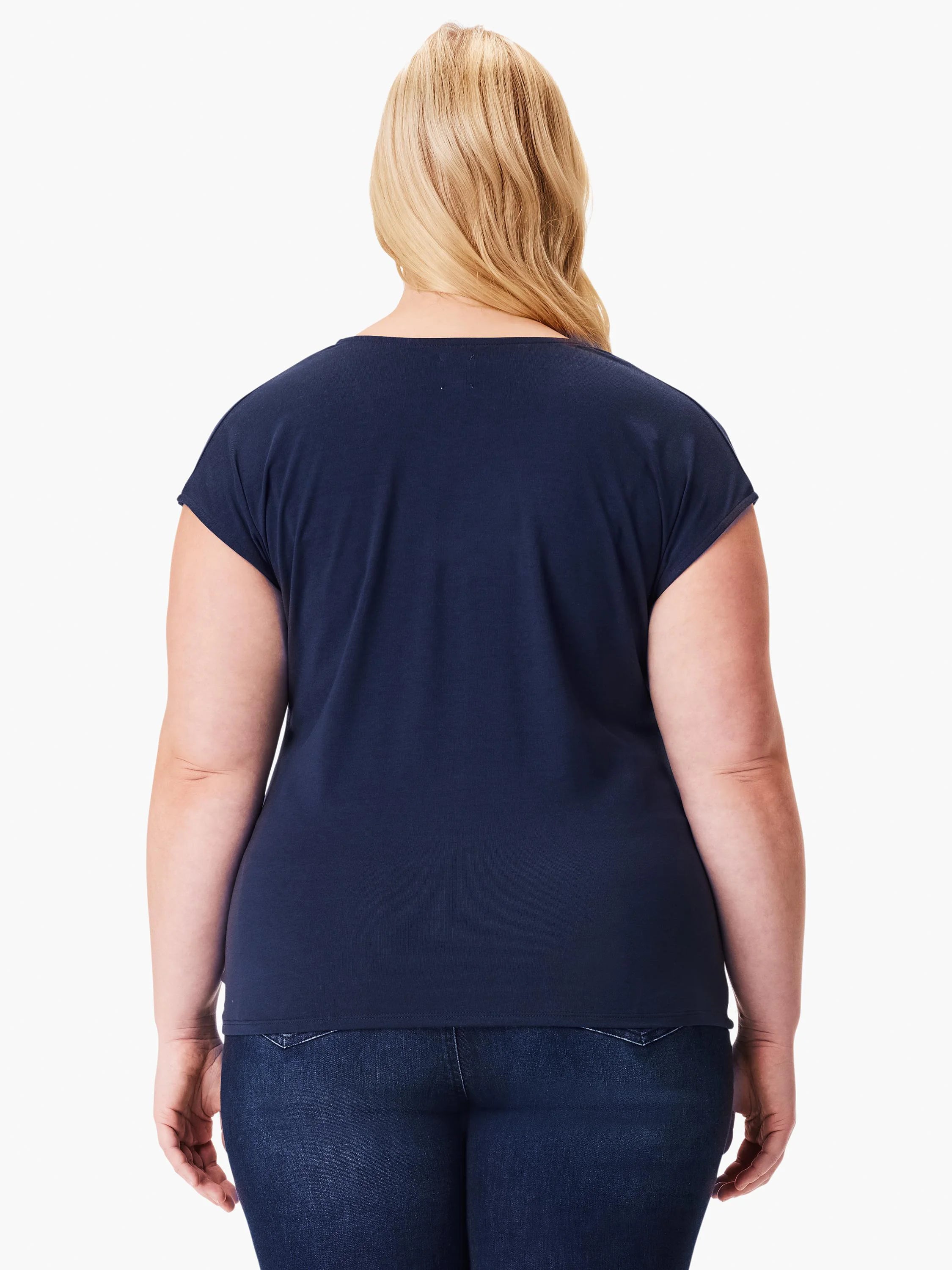 Dark navy blue, short-sleeved, v-neck top. Shown from the back.