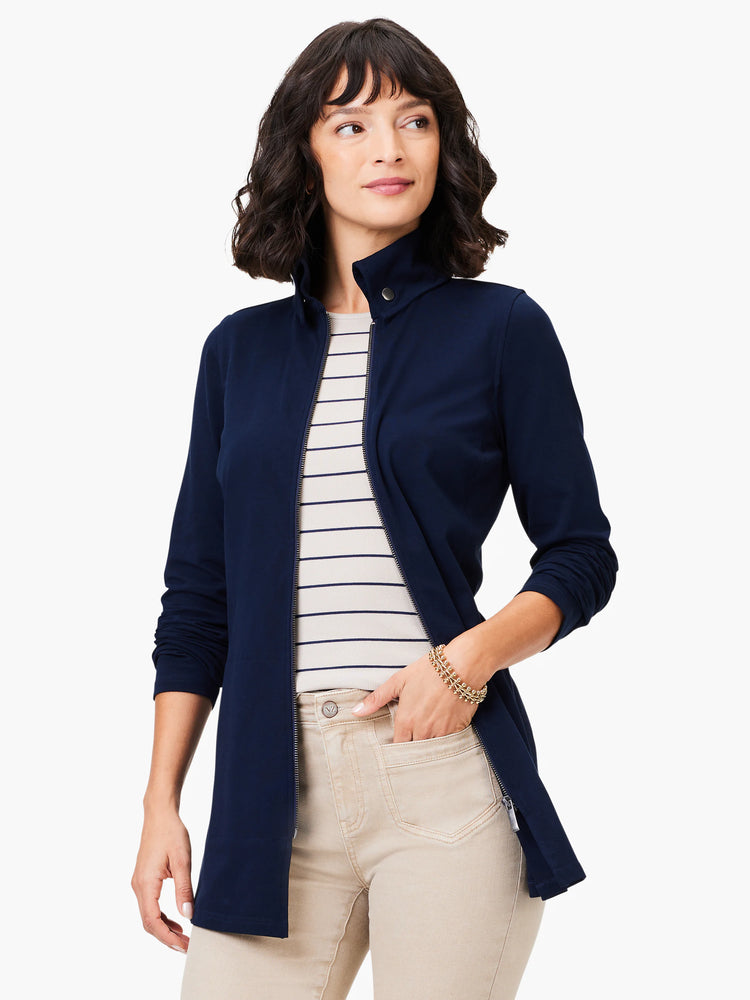Navy blue knit zip-up jacket. Long sleeves, hip length.