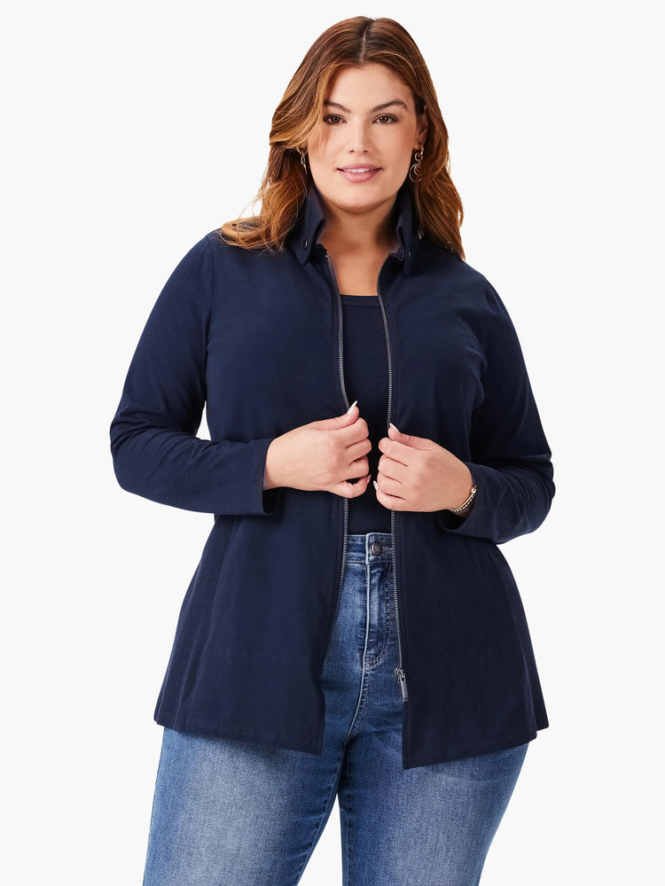 Navy blue, long-sleeved zip-front knit jacket. A-line shape.