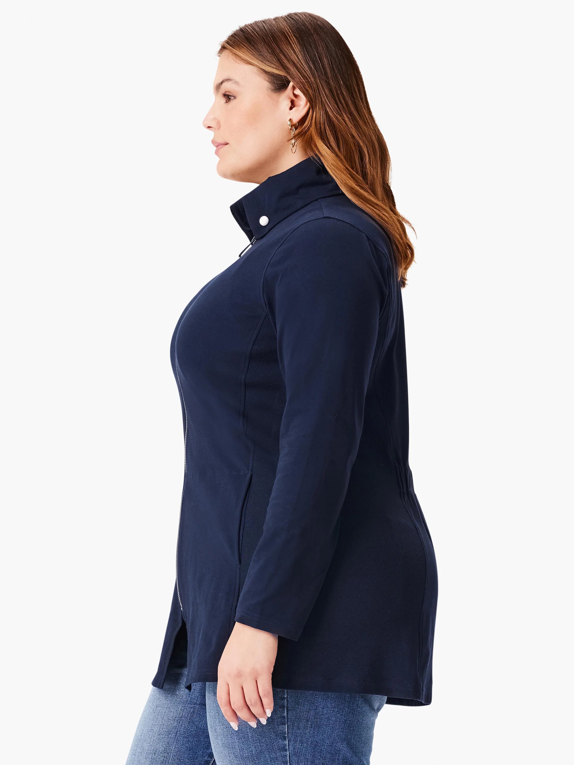 Navy blue, long-sleeve knit jacket with a high collar, front zipper, and small white buttons. Side pockets visible.
