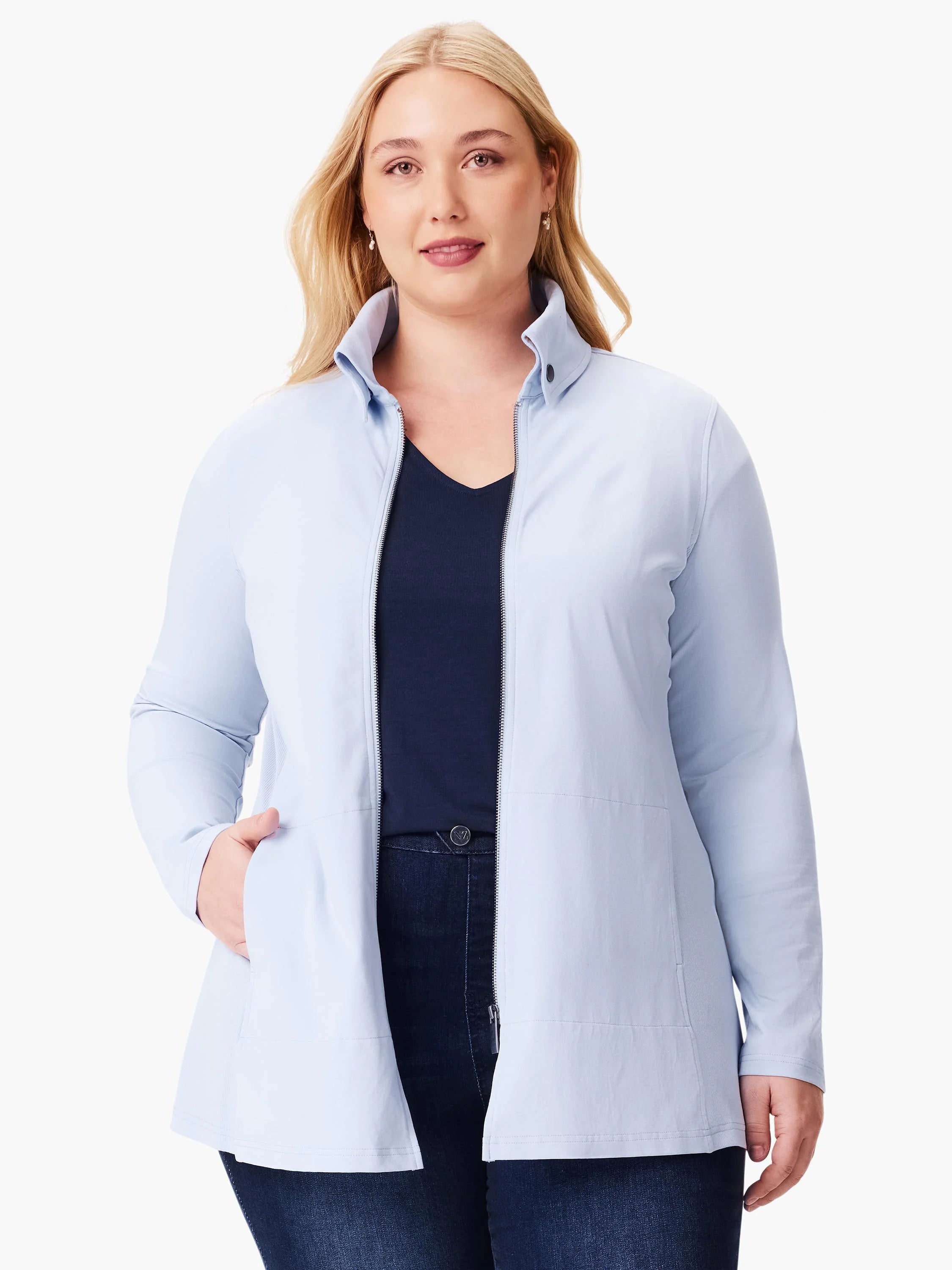 Light blue, long-sleeve zip-front jacket with pockets.