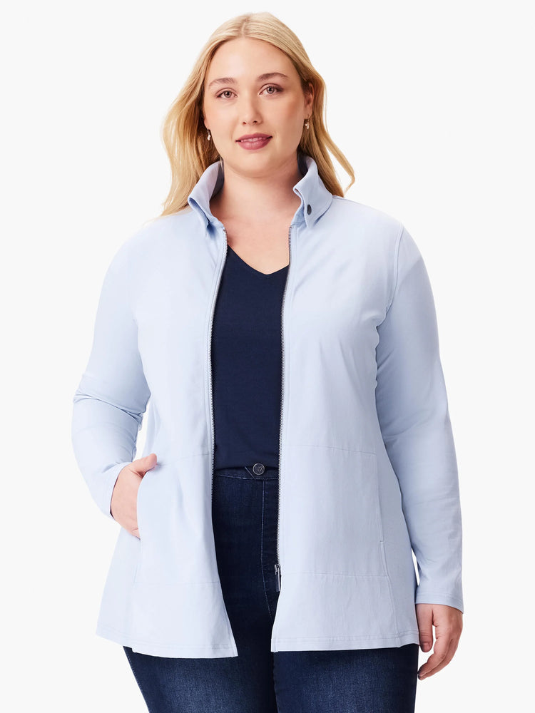 Light blue, long-sleeve zip-front jacket with pockets.