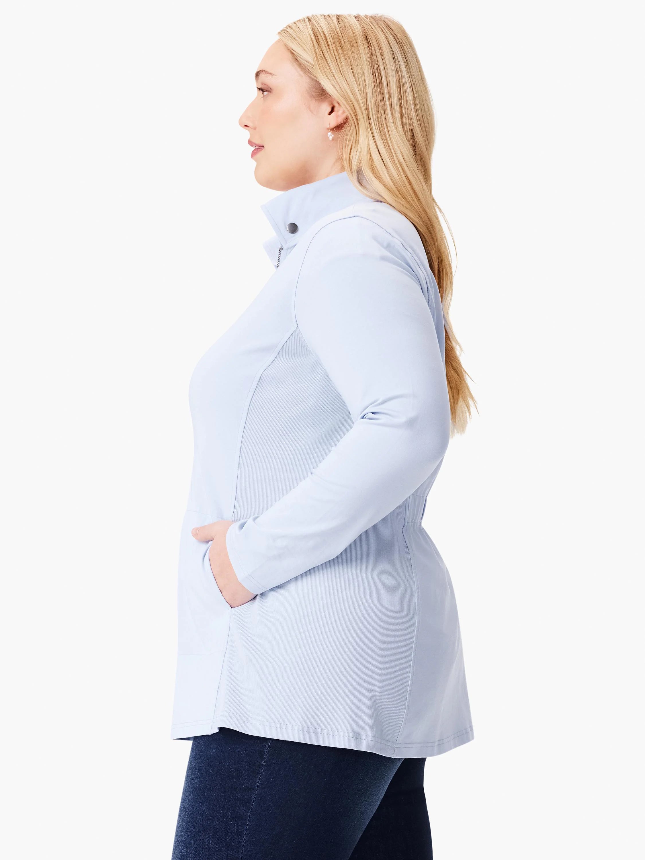 Light blue, long-sleeve knit jacket. High neck, zipper front, and side pockets. Slightly fitted.