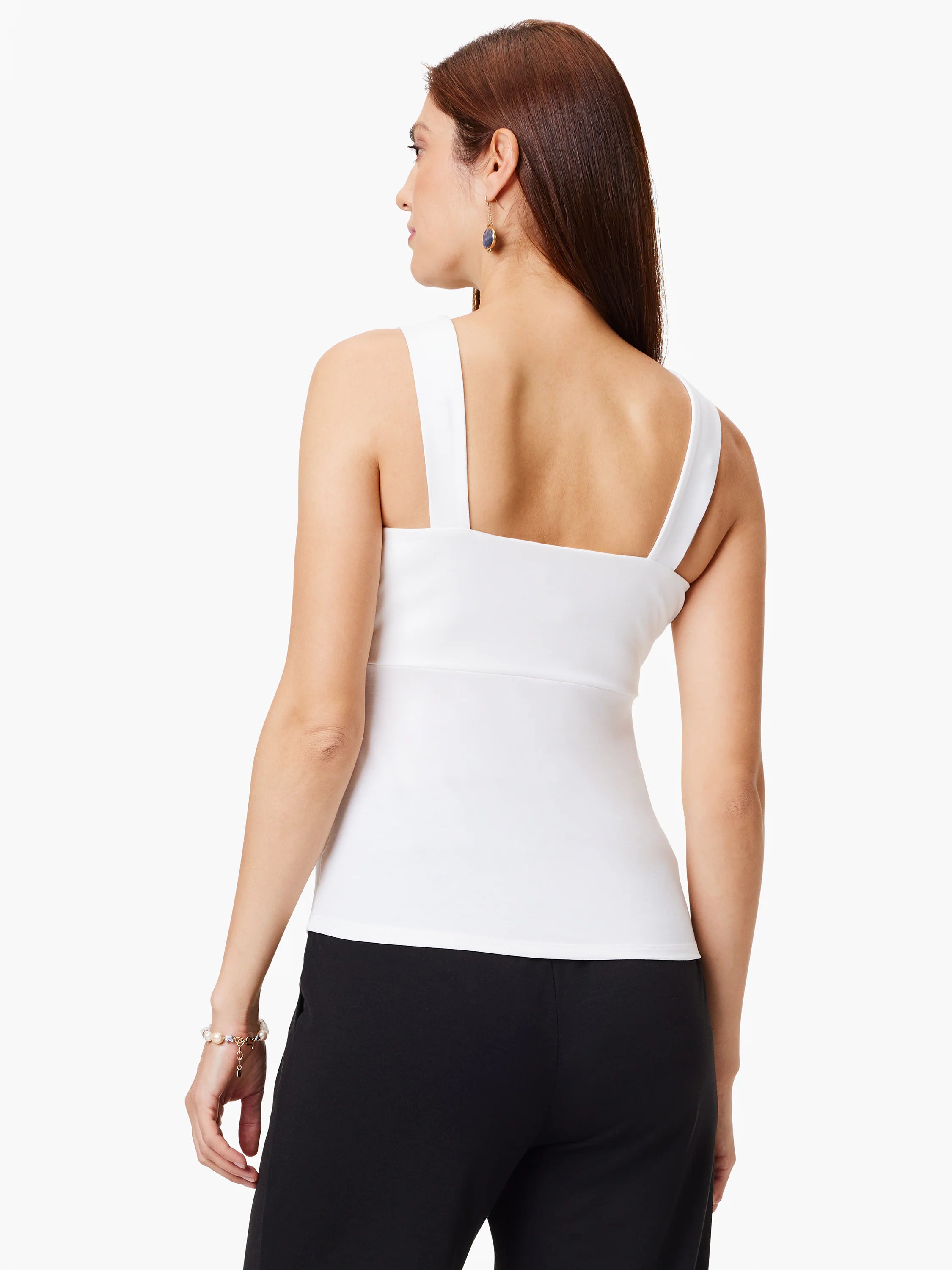 Here's alt text for the image, aiming for under 125 characters:
"White jersey tank top, square neckline, back view. ...