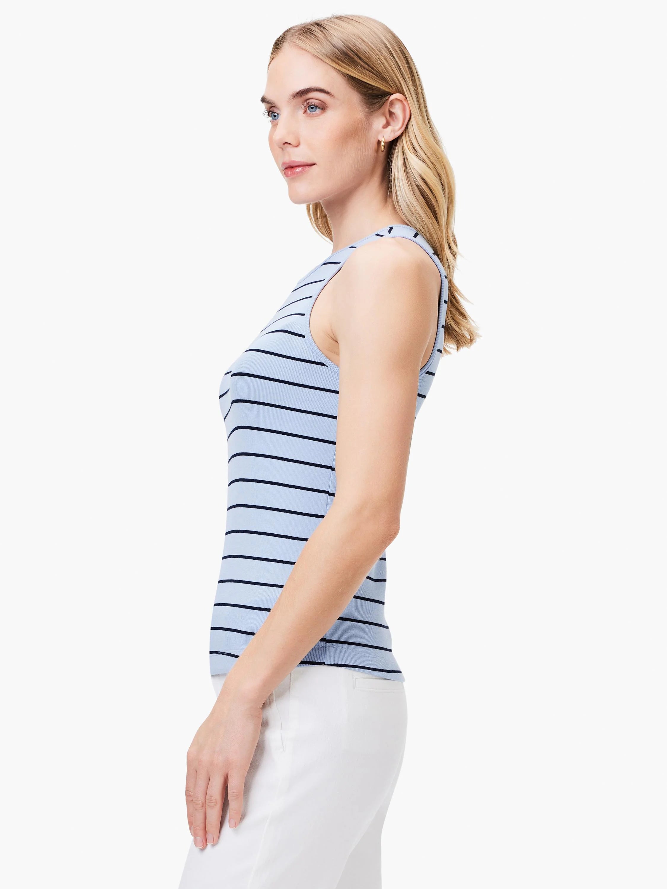 Light blue tank top with thin, dark blue horizontal stripes. High neck, sleeveless. Ribbed knit fabric.