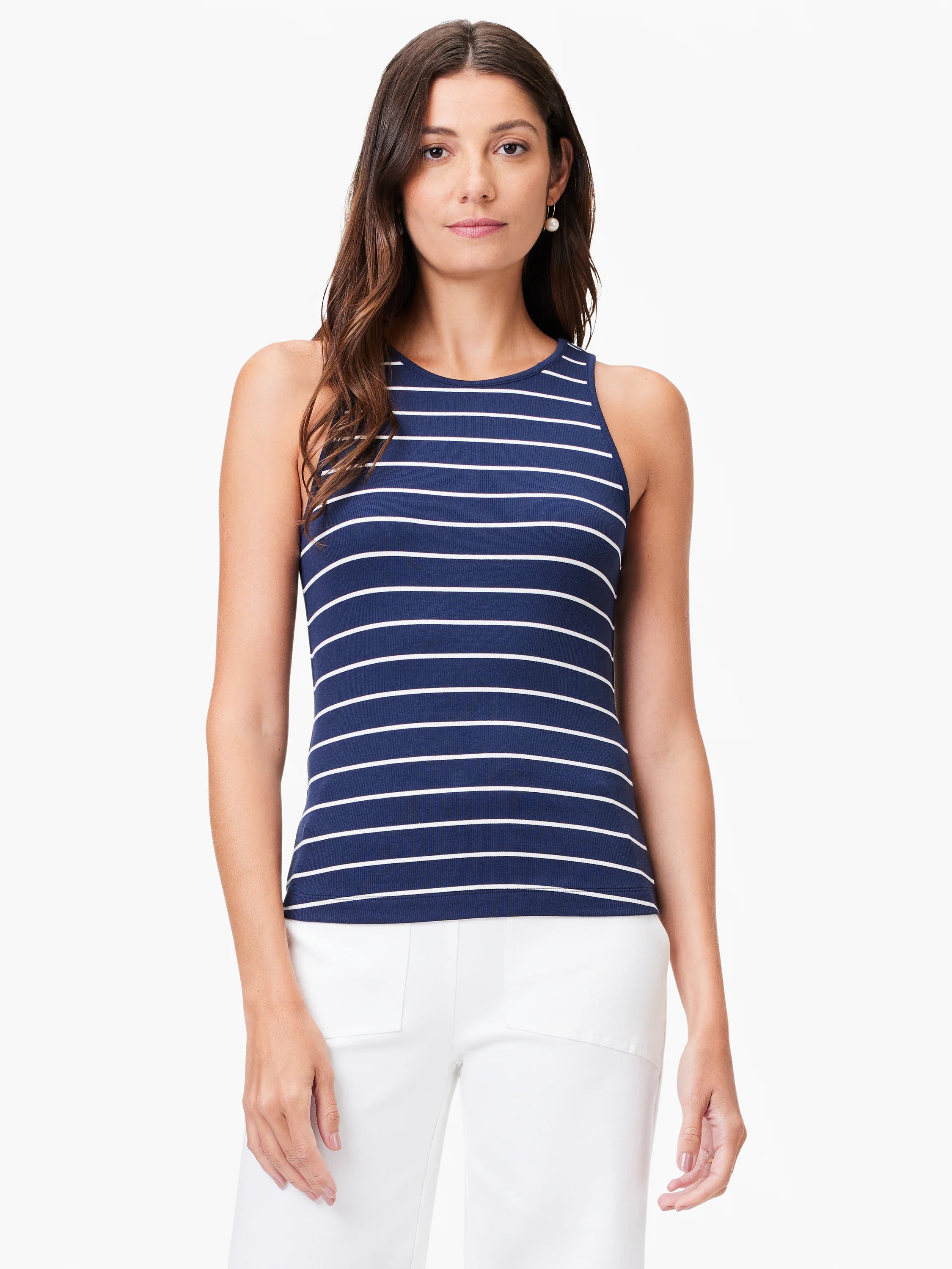 Navy blue tank top with white horizontal stripes, high neck, sleeveless.