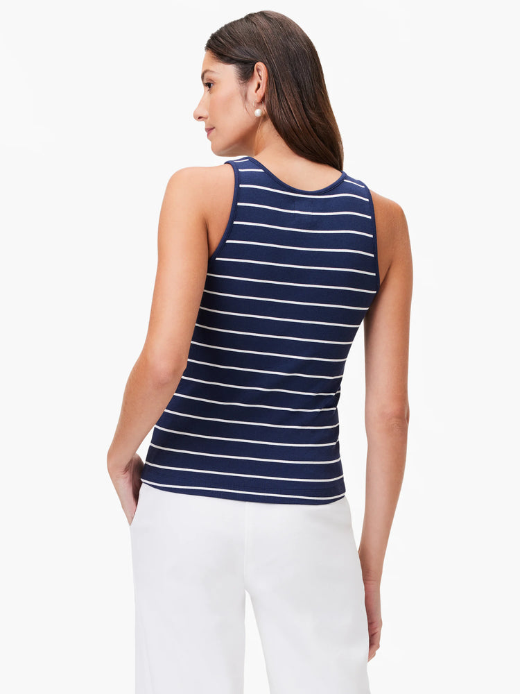 Here's alt text for the image, under 125 characters:
Navy blue ribbed tank top with thin white horizontal stripes. High...