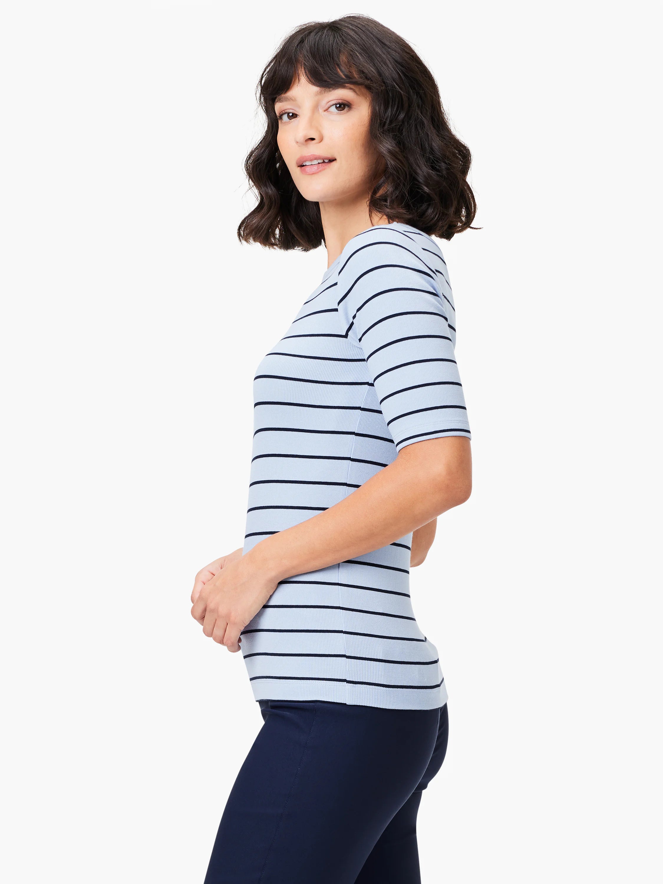 Light blue boatneck top with dark blue horizontal stripes, short sleeves, ribbed knit fabric.
