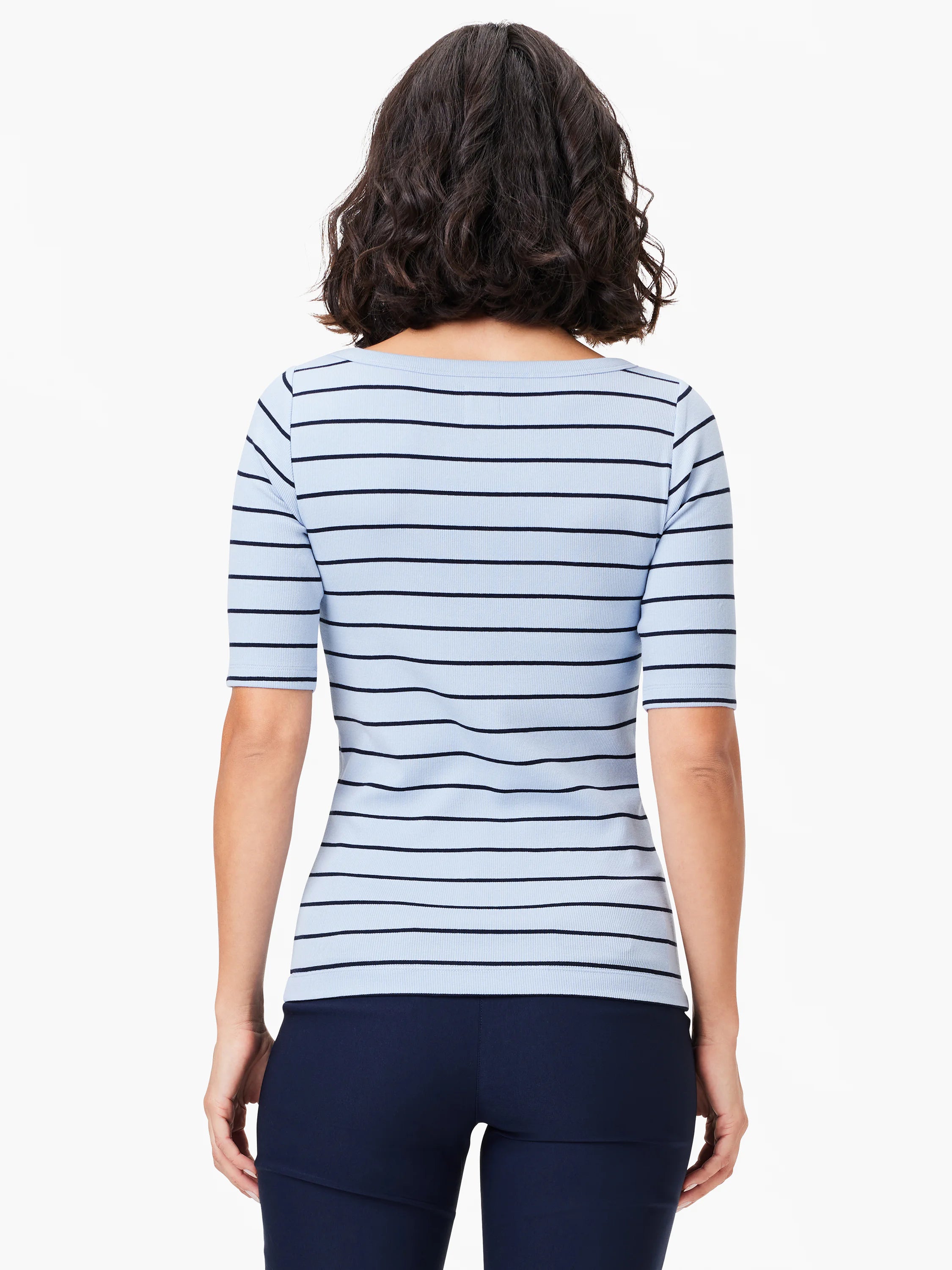 Back view of light blue shirt with thin, dark stripes; short sleeves; boatneck.