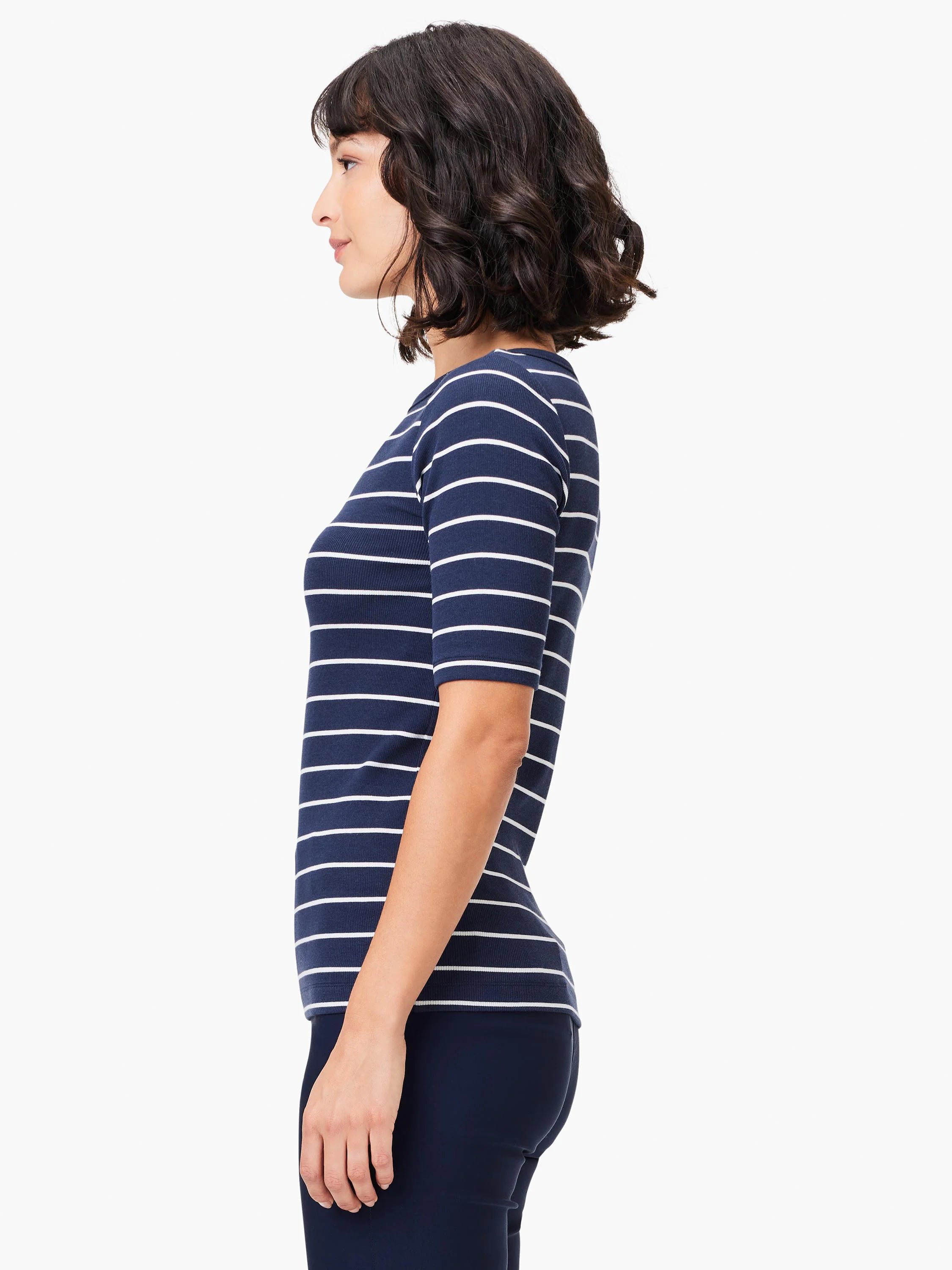 Navy blue shirt with white horizontal stripes, boatneck, short sleeves.