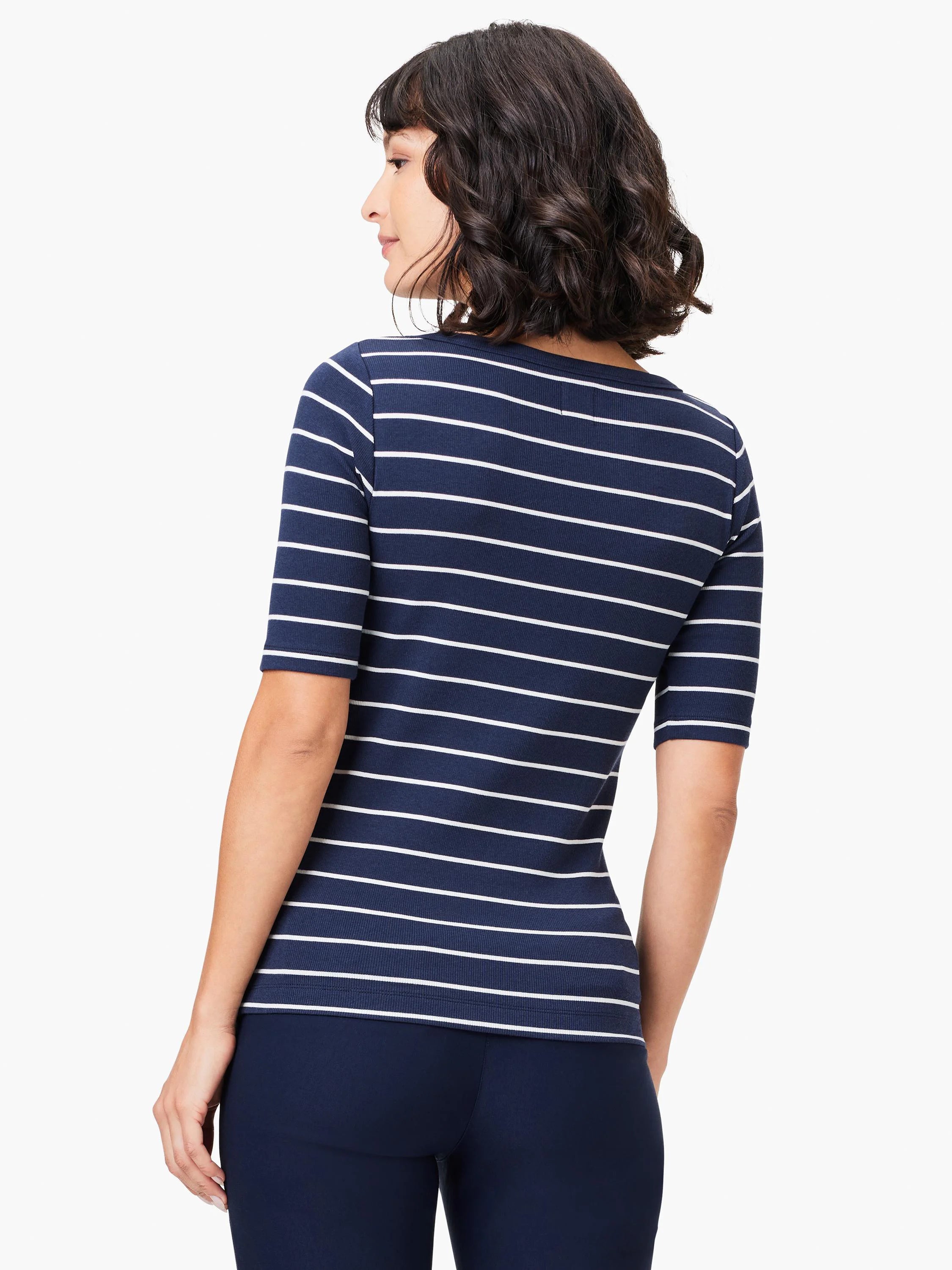 Here's alt text for the image, suitable for visually impaired users:
"Navy blue shirt with white horizontal stripes,...