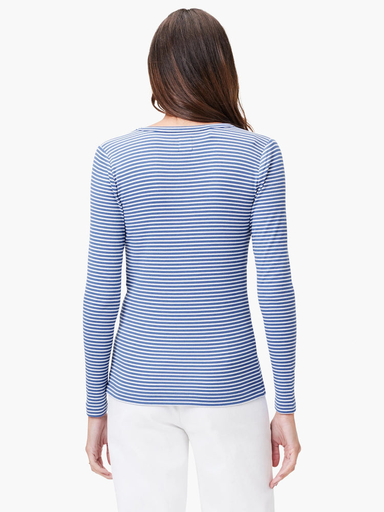 Blue and white horizontal striped, ribbed, long-sleeve V-neck shirt. Shown from the back.