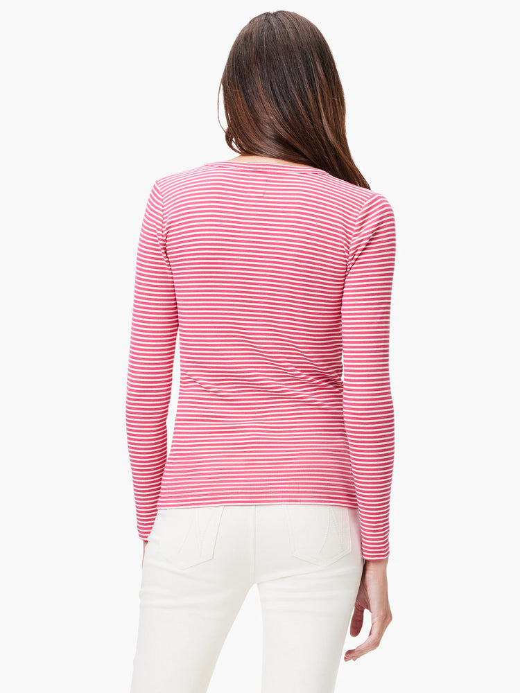 Pink and white striped, long-sleeved V-neck knit shirt; ribbed fabric.