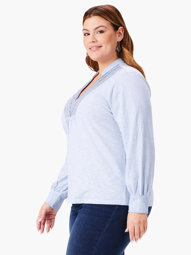 Light blue long-sleeve top with embroidered neckline detail. V-neck.