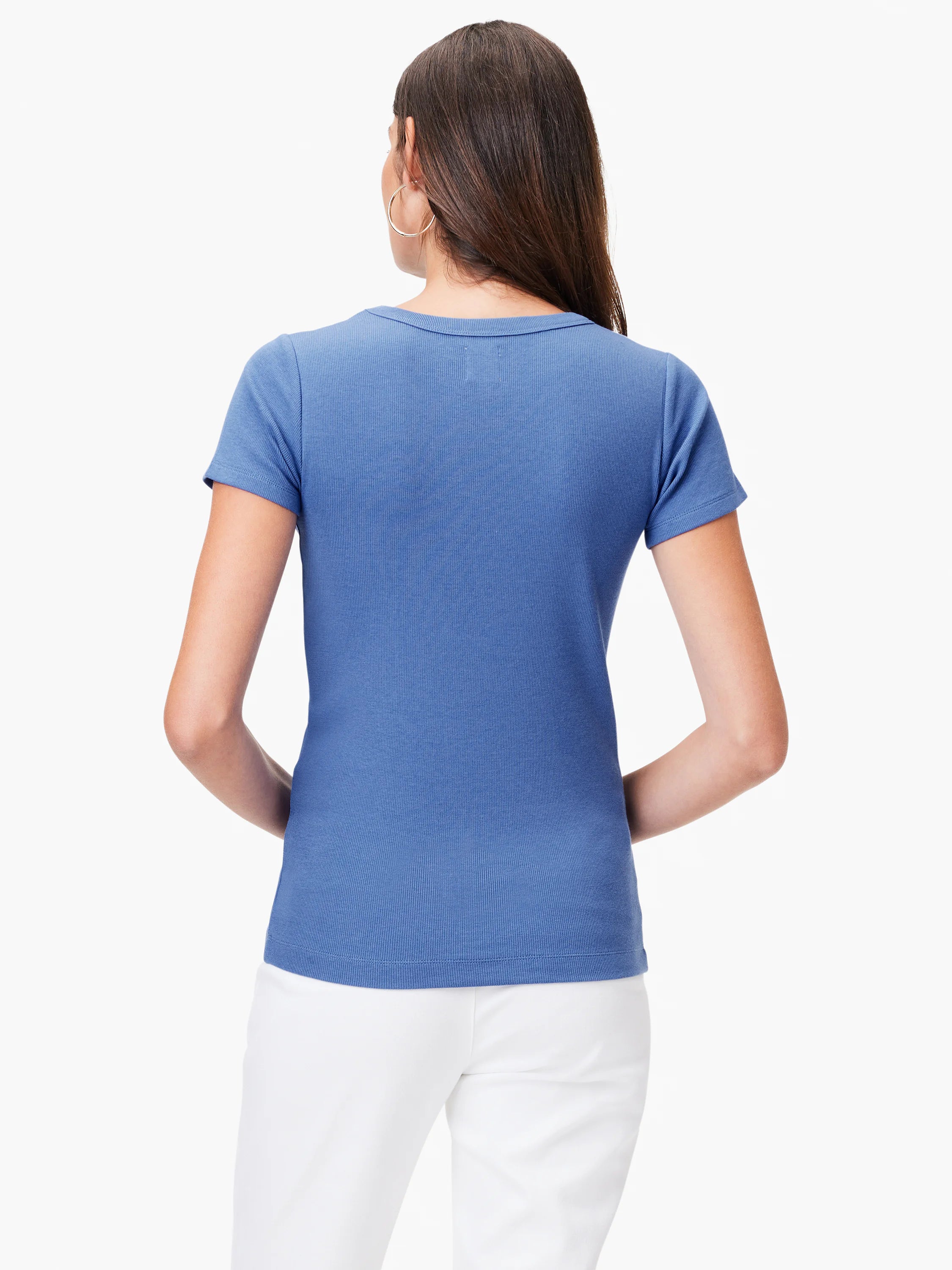 Blue ribbed short sleeve crew tee, seen from the back.