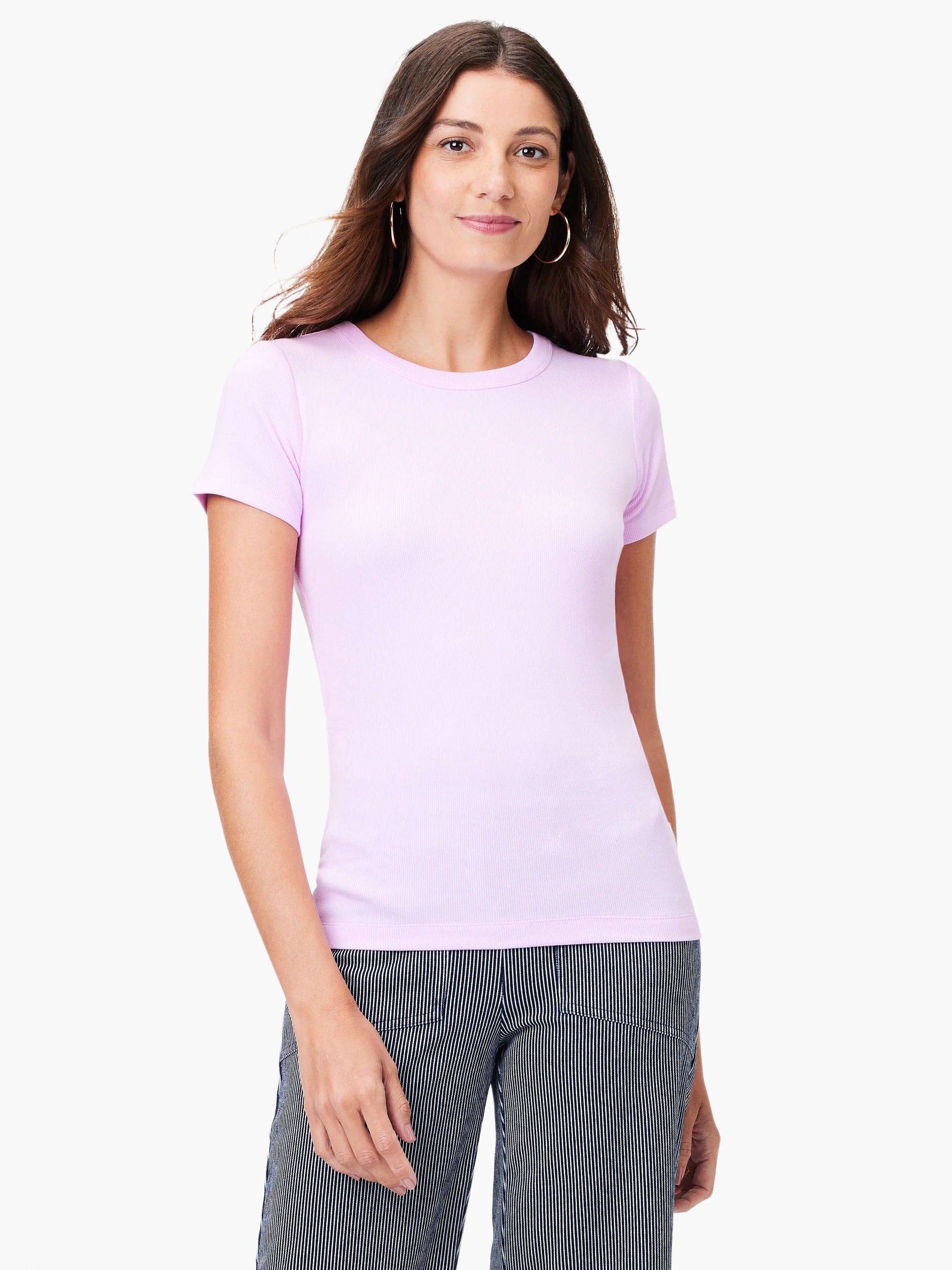 Light lavender ribbed knit tee with short sleeves and a crew neck, fitted.