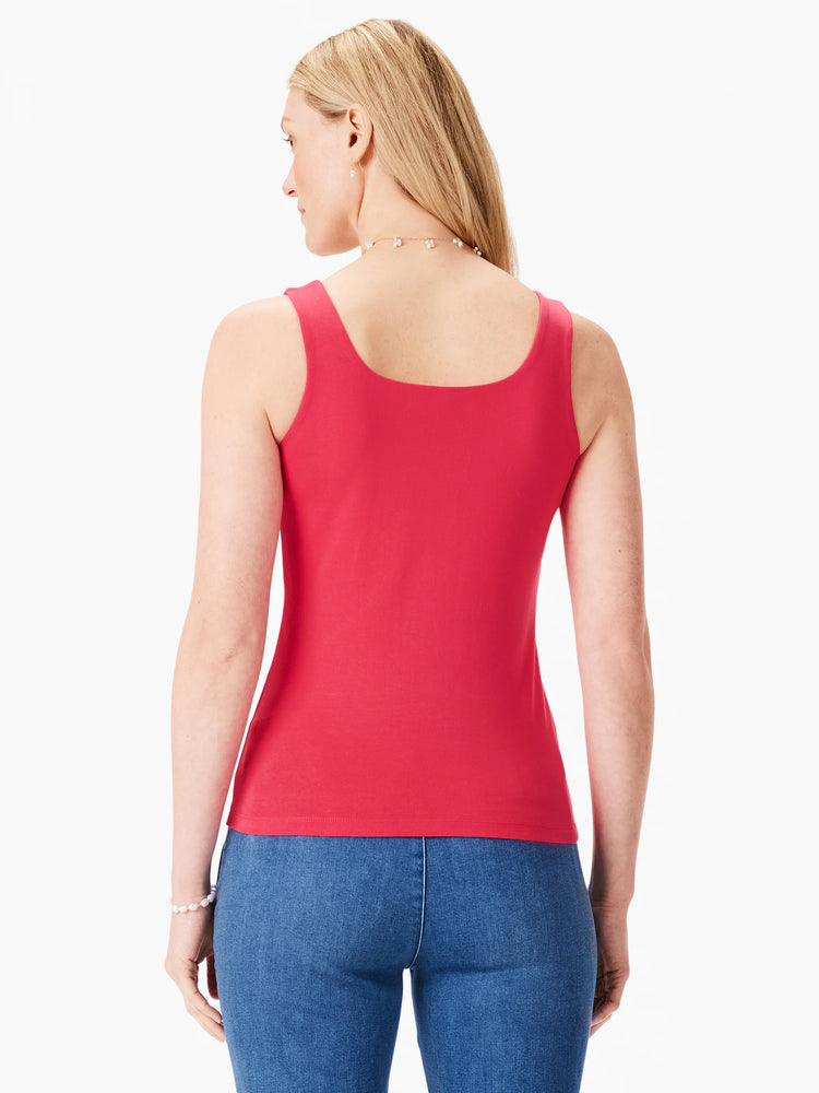Red fitted tank top with square back neckline, shown from behind on a model.