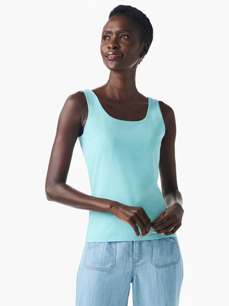 Aqua blue tank top with a square neckline.