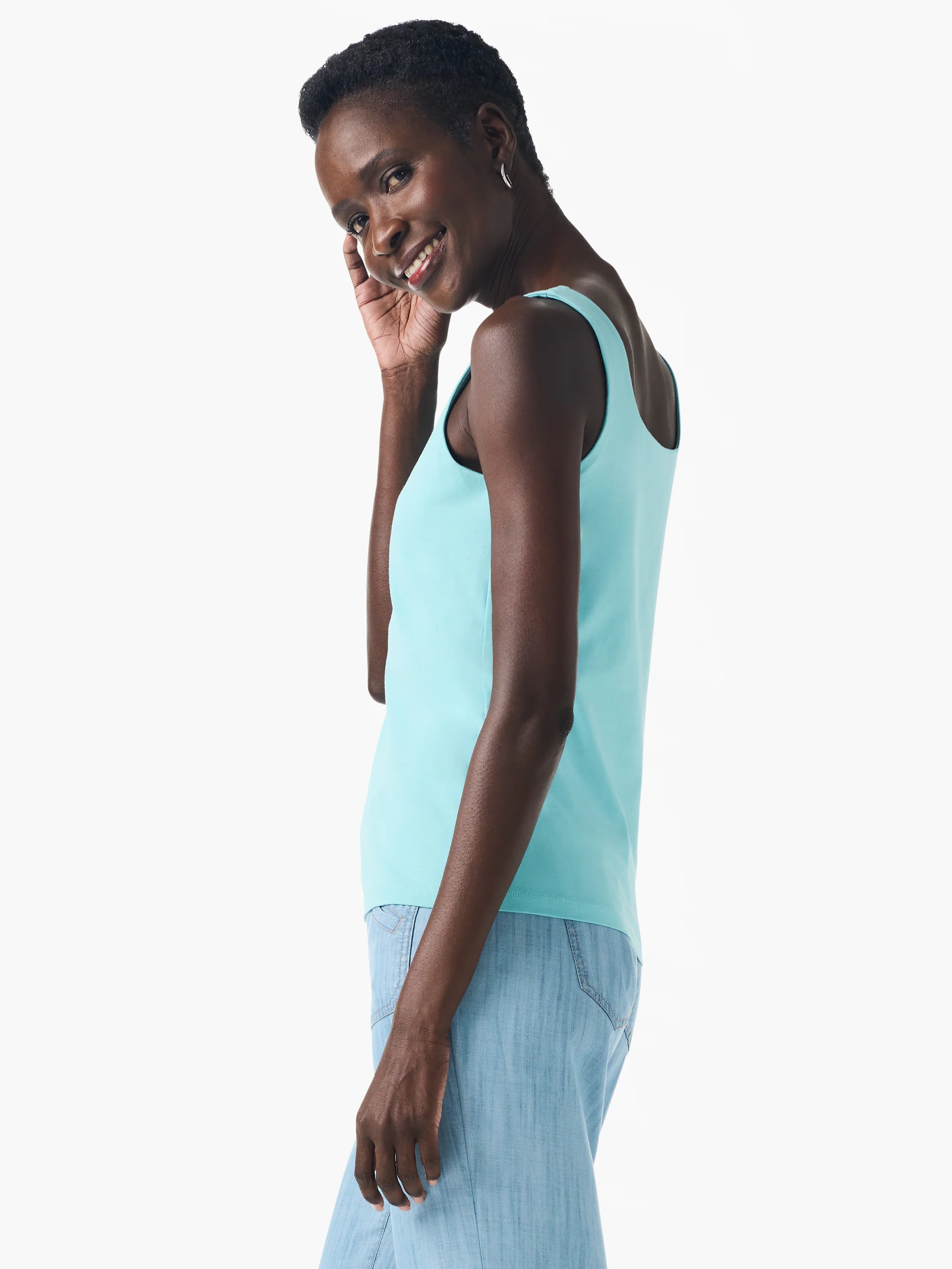 Aqua scoop neck tank top with wide straps, shown on a model.