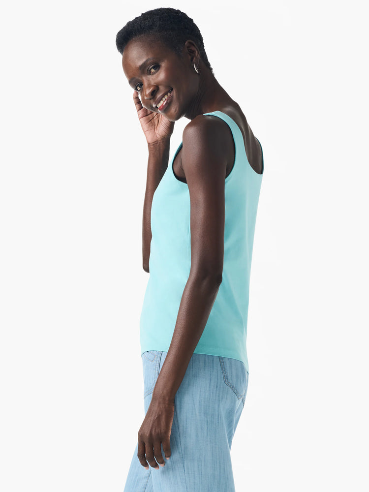 Aqua scoop neck tank top with wide straps, shown on a model.