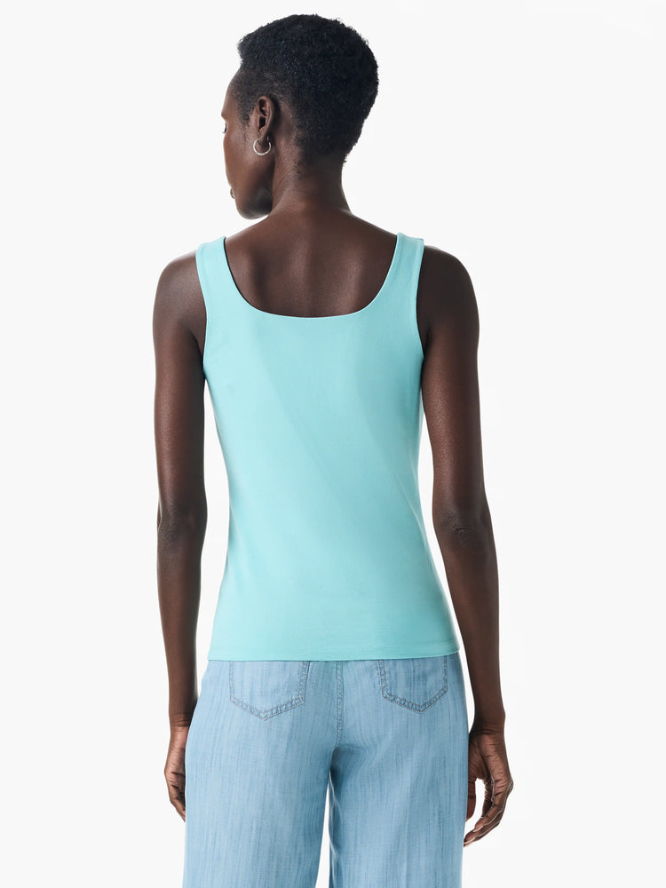Back view: Aqua tank top with a square back neckline. Sleeveless and fitted.