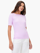 Lavender ribbed knit elbow-sleeve boatneck tee.