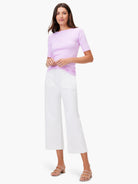 Light purple knit rib boatneck tee with elbow sleeves.