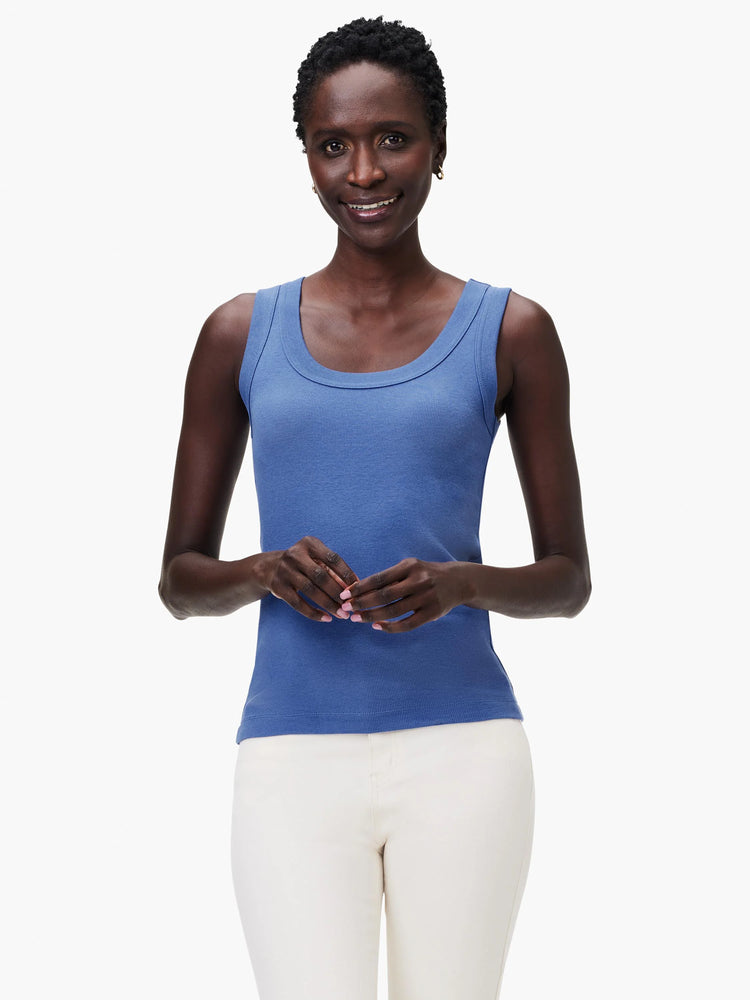 Fitted blue ribbed knit scoop neck tank top.