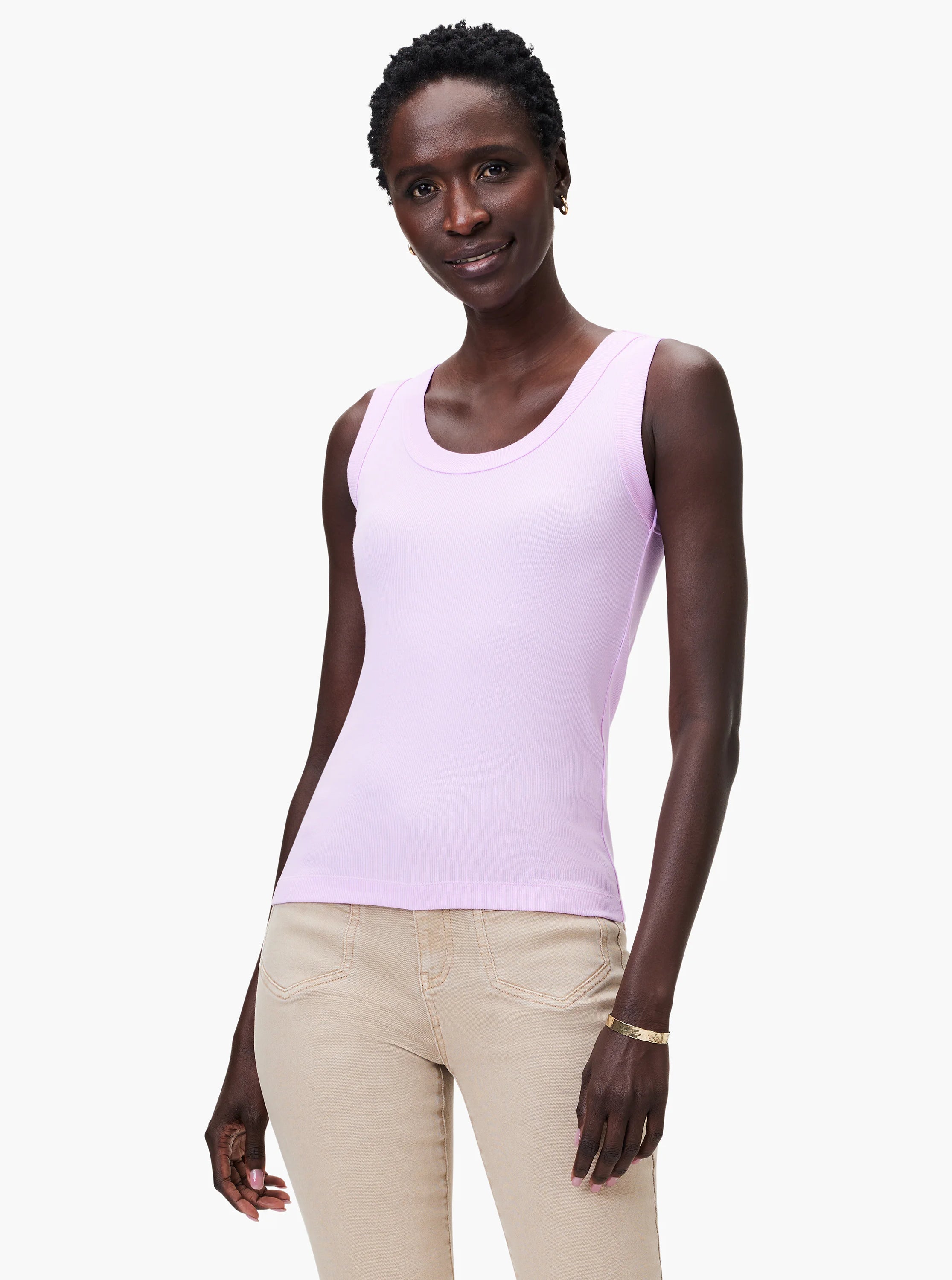 Lavender ribbed knit scoop neck tank top on model.
