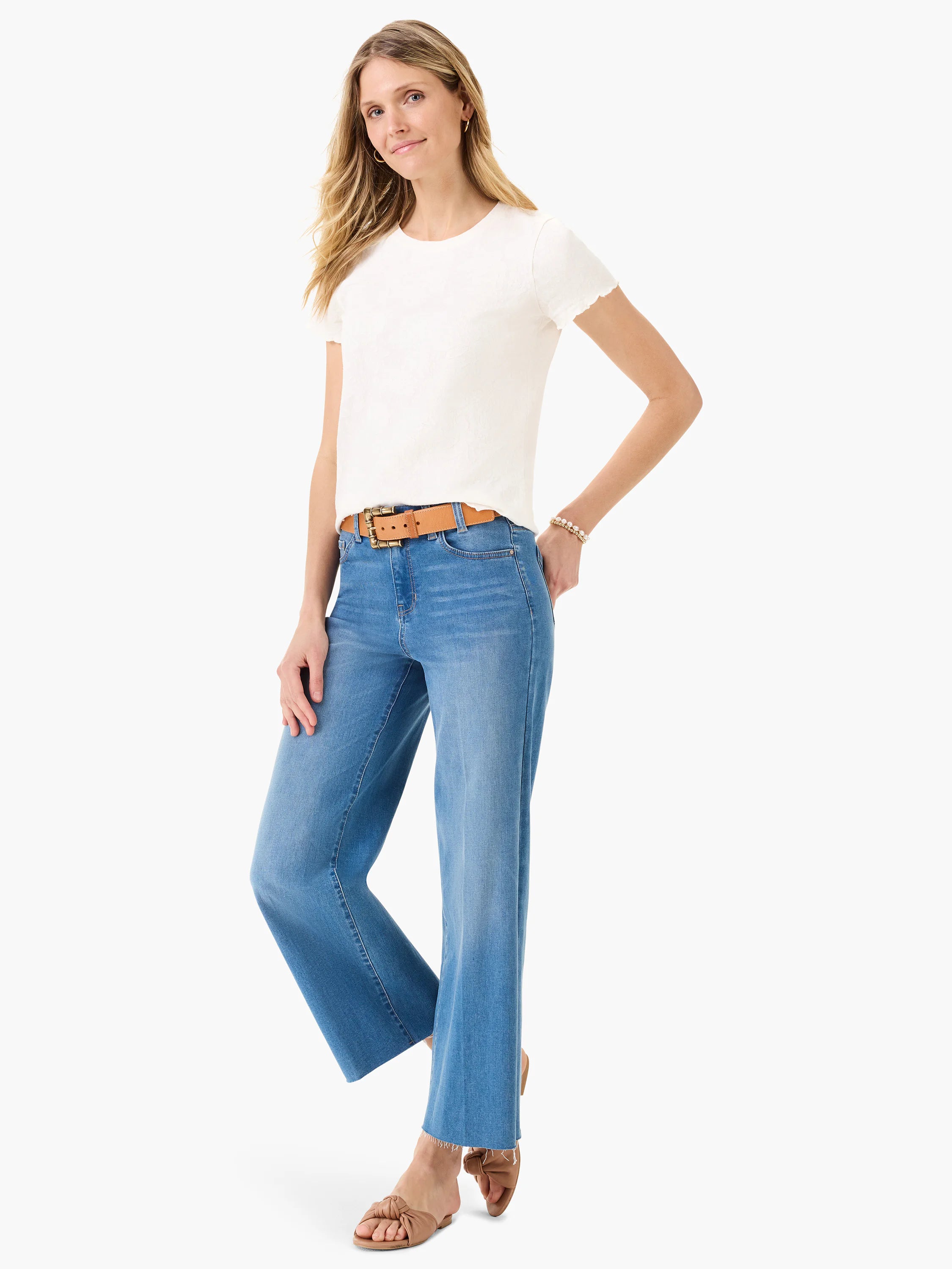 Off-white lace-knit short-sleeve t-shirt. Scalloped edges.