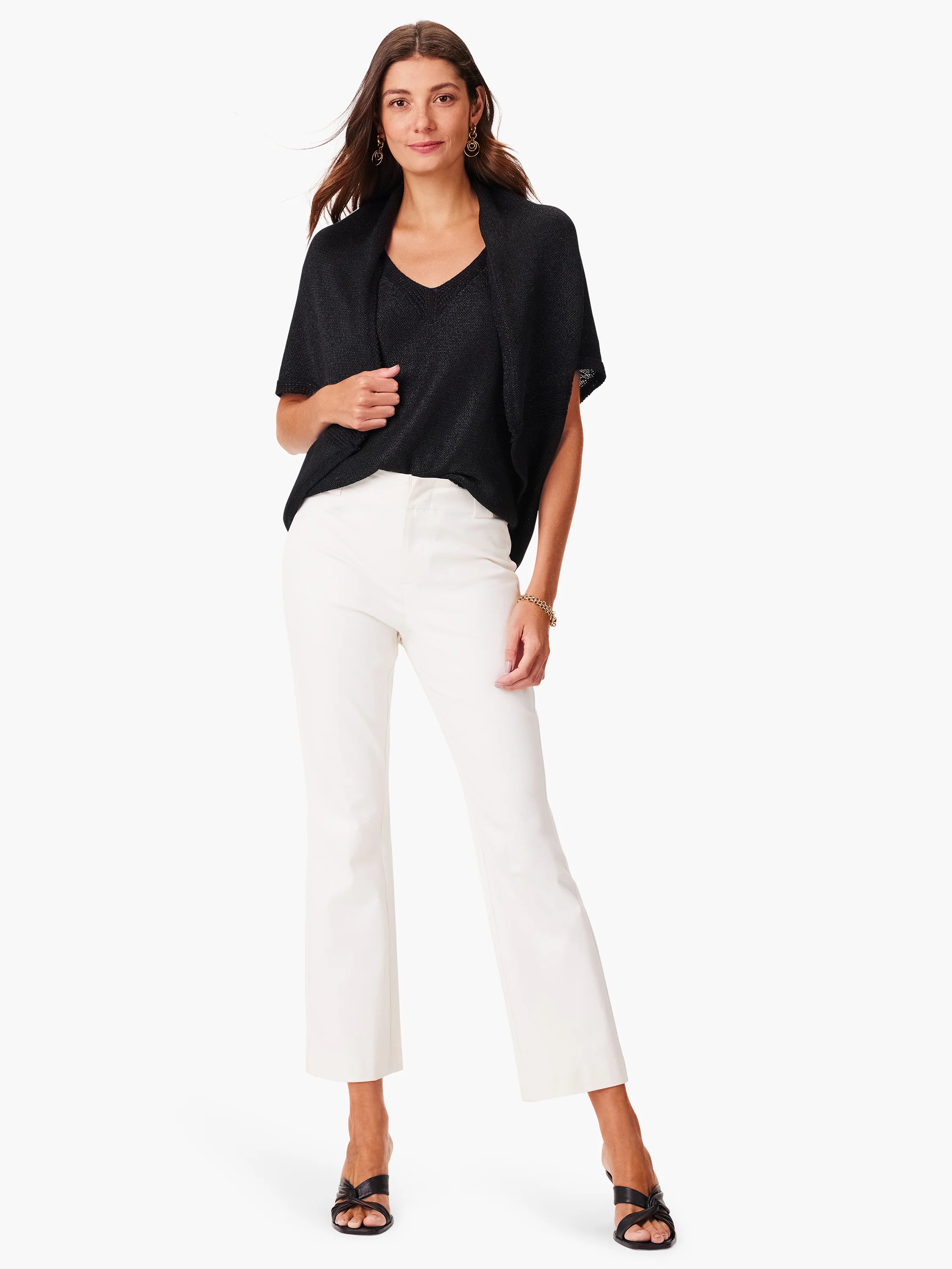 Black knit tank top, short sleeves, V-neck.